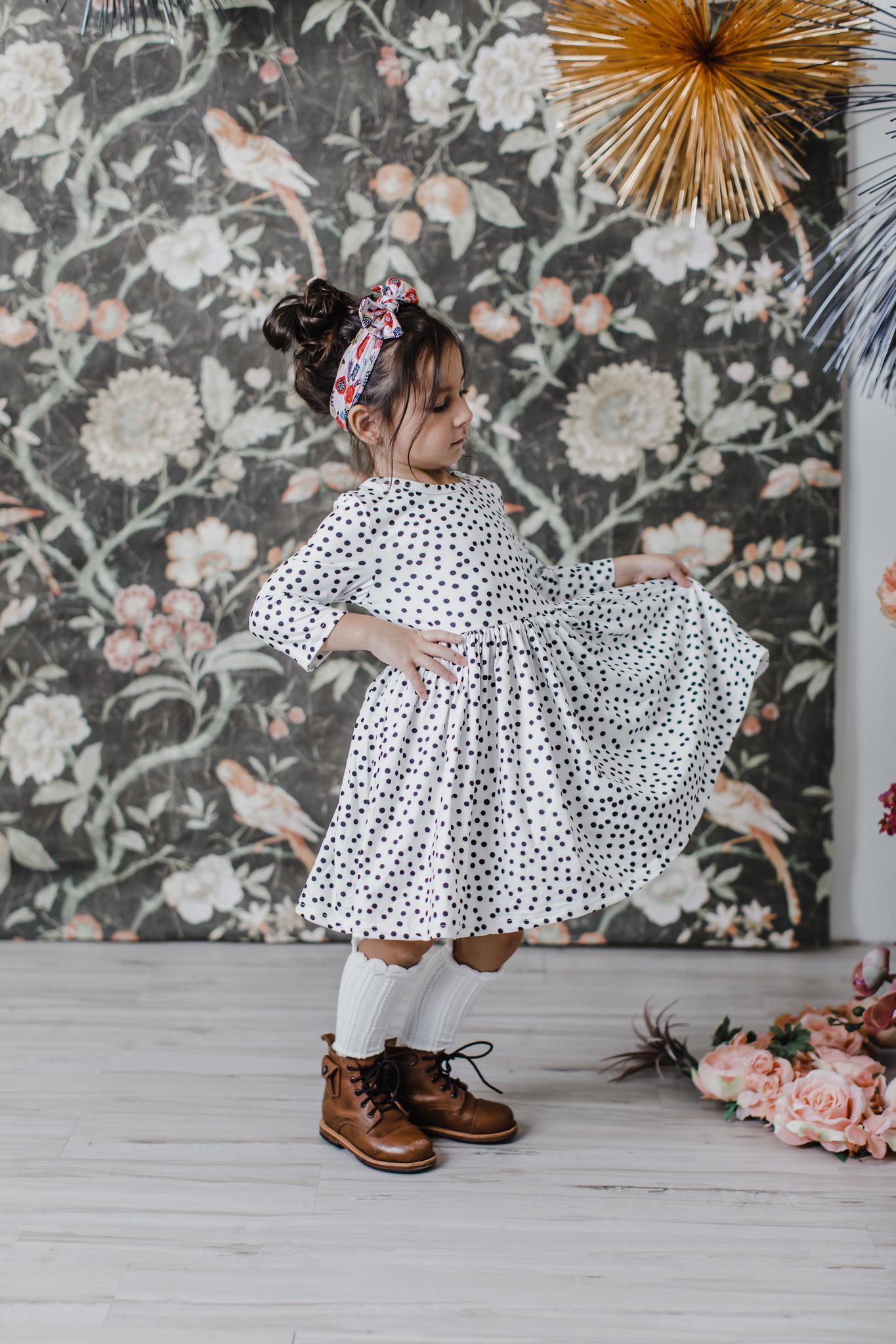Scattered Dot 3/4 Sleeve Pocket Twirl Dress - Aaria Tees Aaria Tees