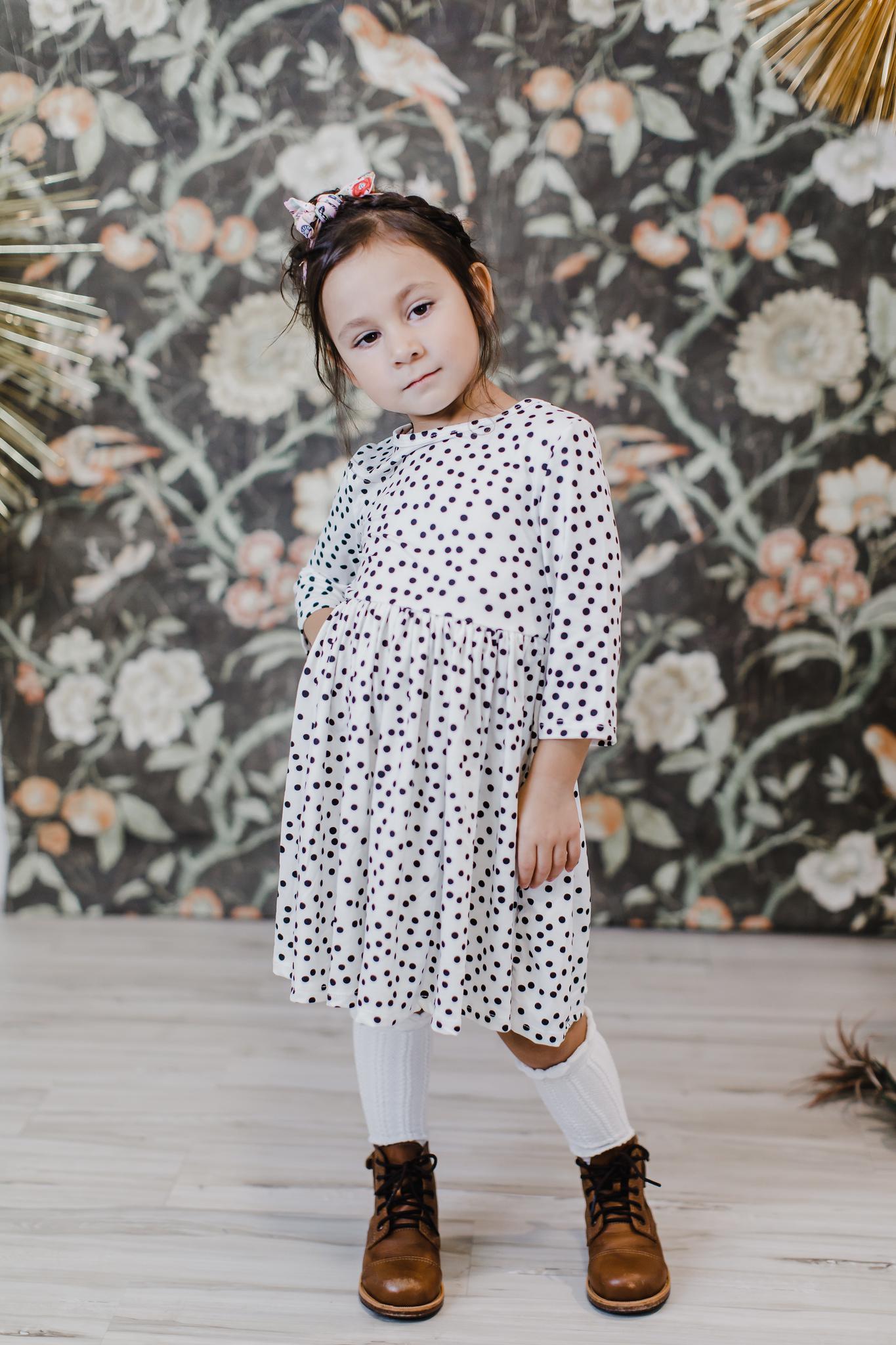 Scattered Dot 3/4 Sleeve Pocket Twirl Dress - Aaria Tees Aaria Tees