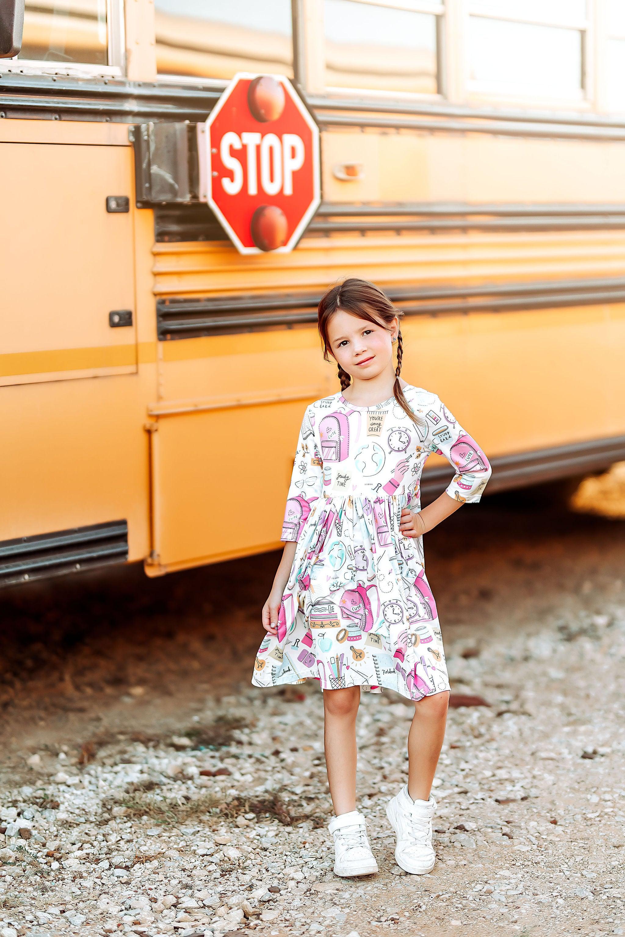 School is Cool 3/4 Sleeve Pocket Twirl Dress - Aaria Tees Aaria Tees
