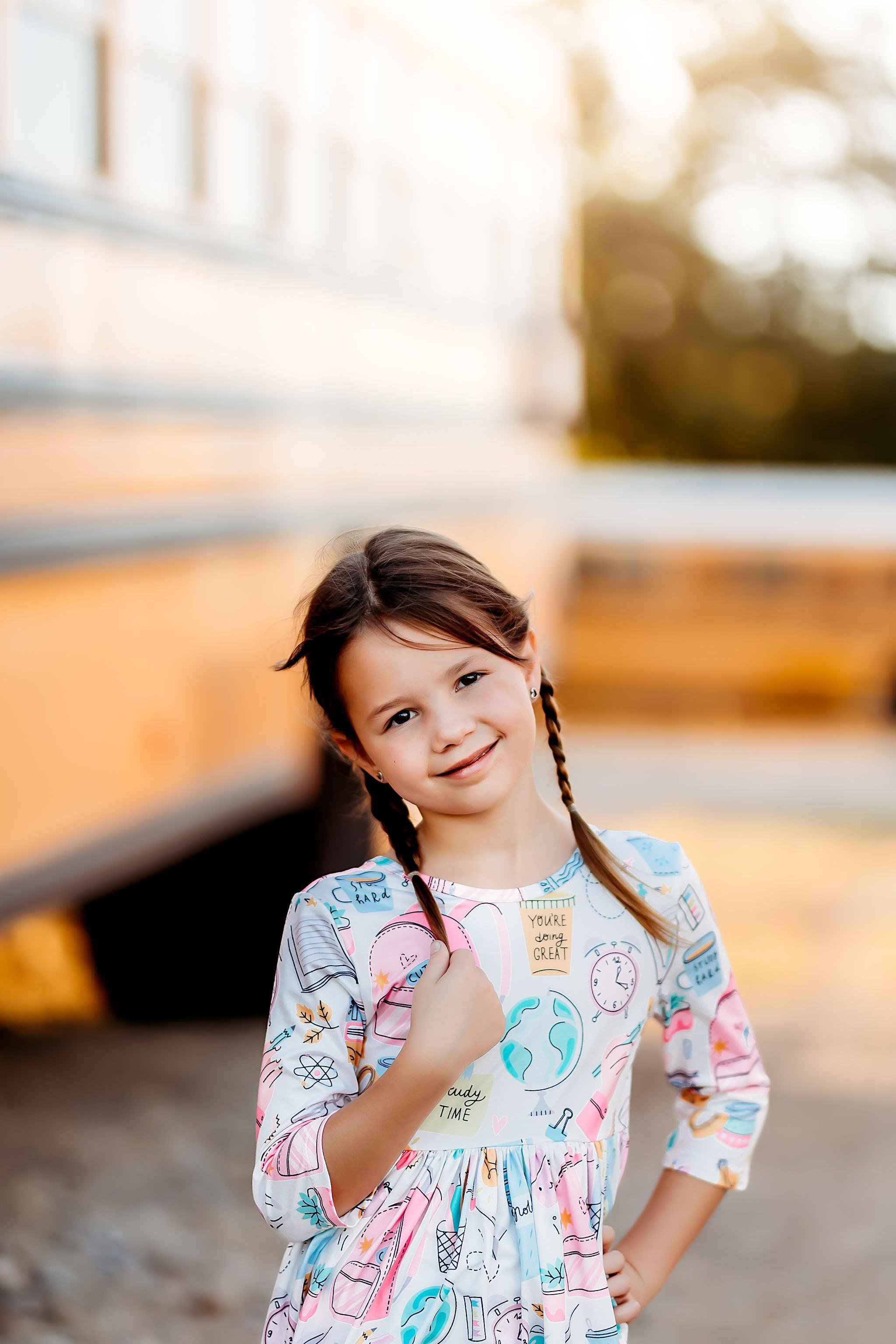 School is Cool 3/4 Sleeve Pocket Twirl Dress - Aaria Tees Aaria Tees