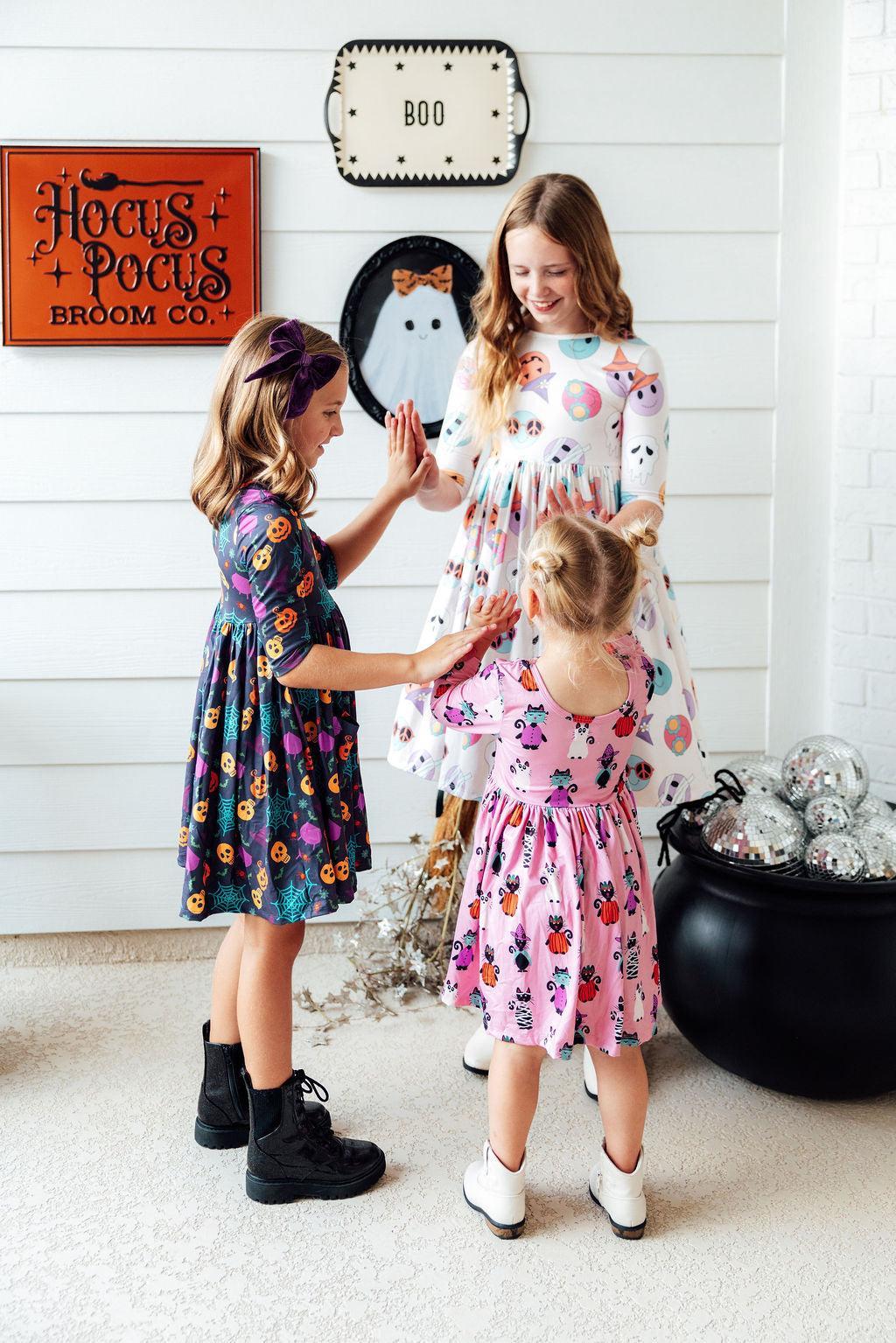 Skeleton Web 3/4 Sleeve Pocket Twirl Dress - Aaria Tees Aaria Tees