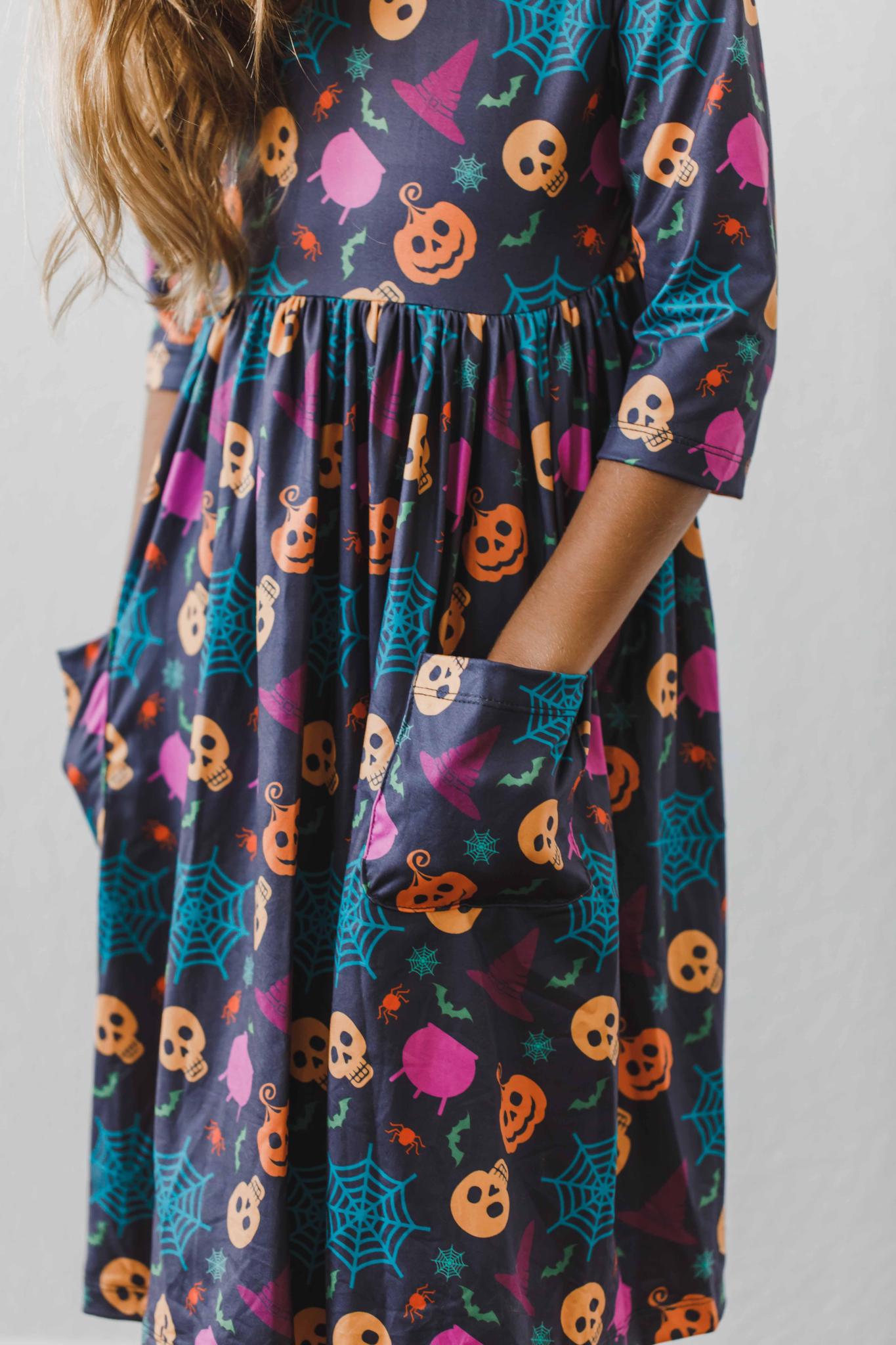Skeleton Web 3/4 Sleeve Pocket Twirl Dress - Aaria Tees Aaria Tees