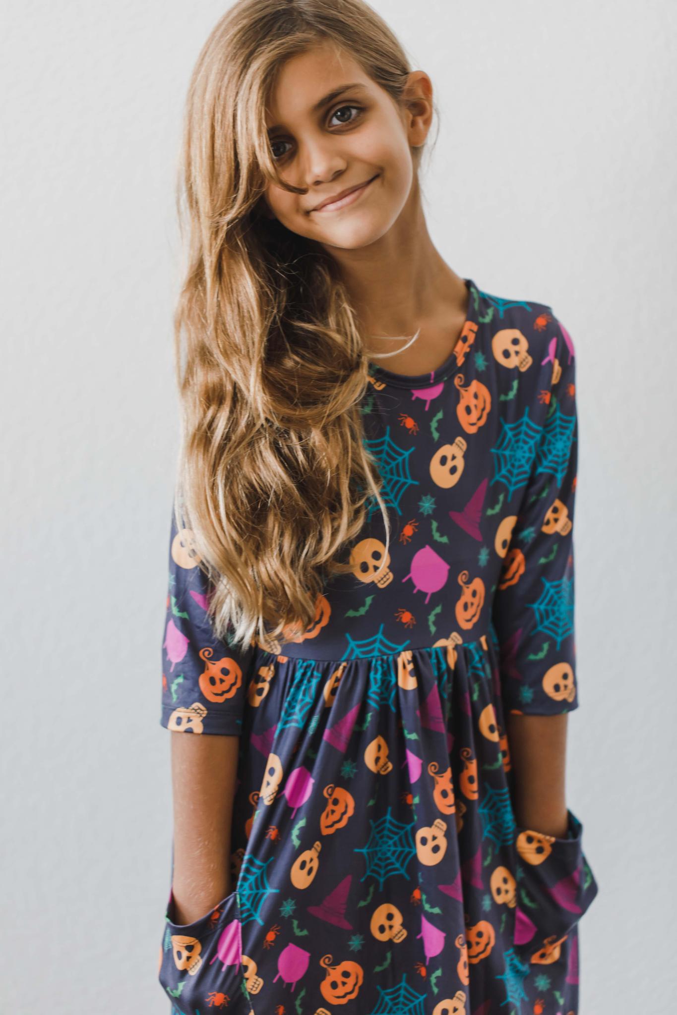 Skeleton Web 3/4 Sleeve Pocket Twirl Dress - Aaria Tees Aaria Tees