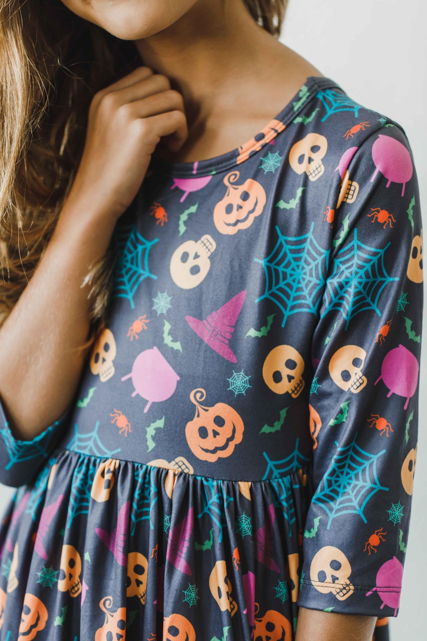 Skeleton Web 3/4 Sleeve Pocket Twirl Dress - Aaria Tees Aaria Tees