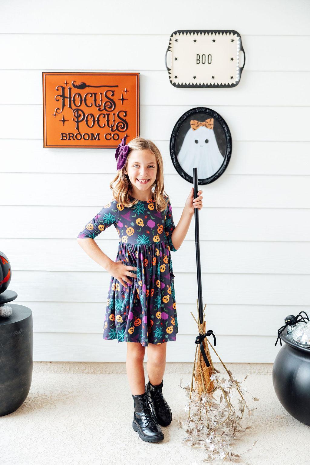Skeleton Web 3/4 Sleeve Pocket Twirl Dress - Aaria Tees Aaria Tees