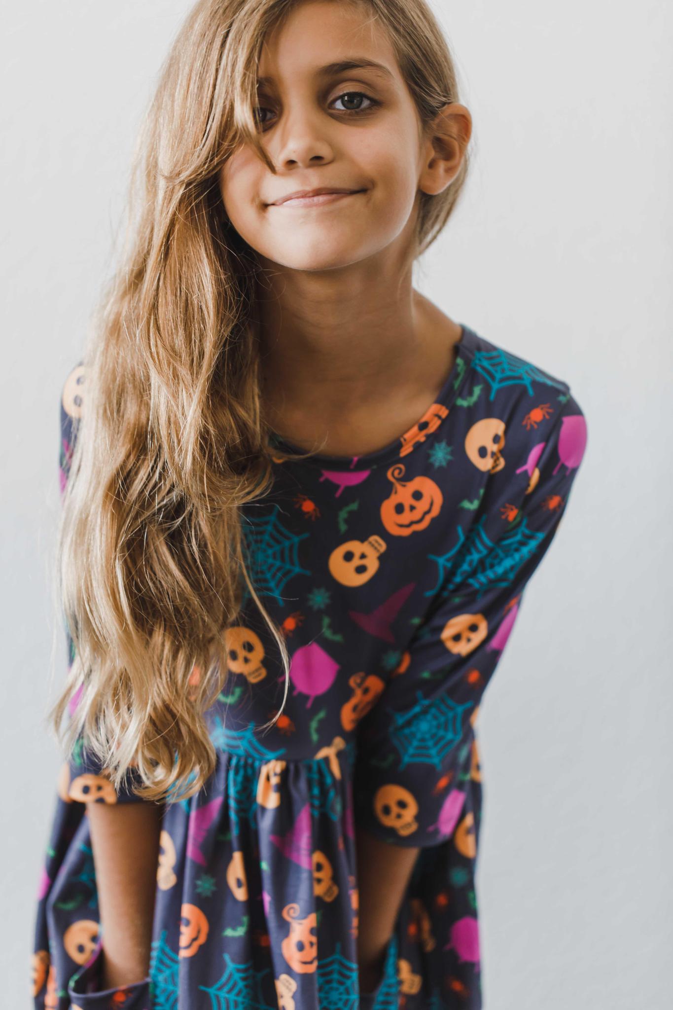 Skeleton Web 3/4 Sleeve Pocket Twirl Dress - Aaria Tees Aaria Tees