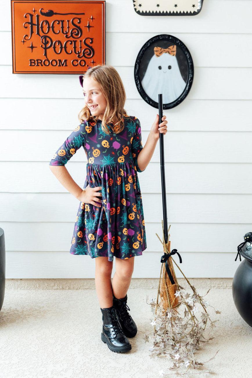 Skeleton Web 3/4 Sleeve Pocket Twirl Dress - Aaria Tees Aaria Tees