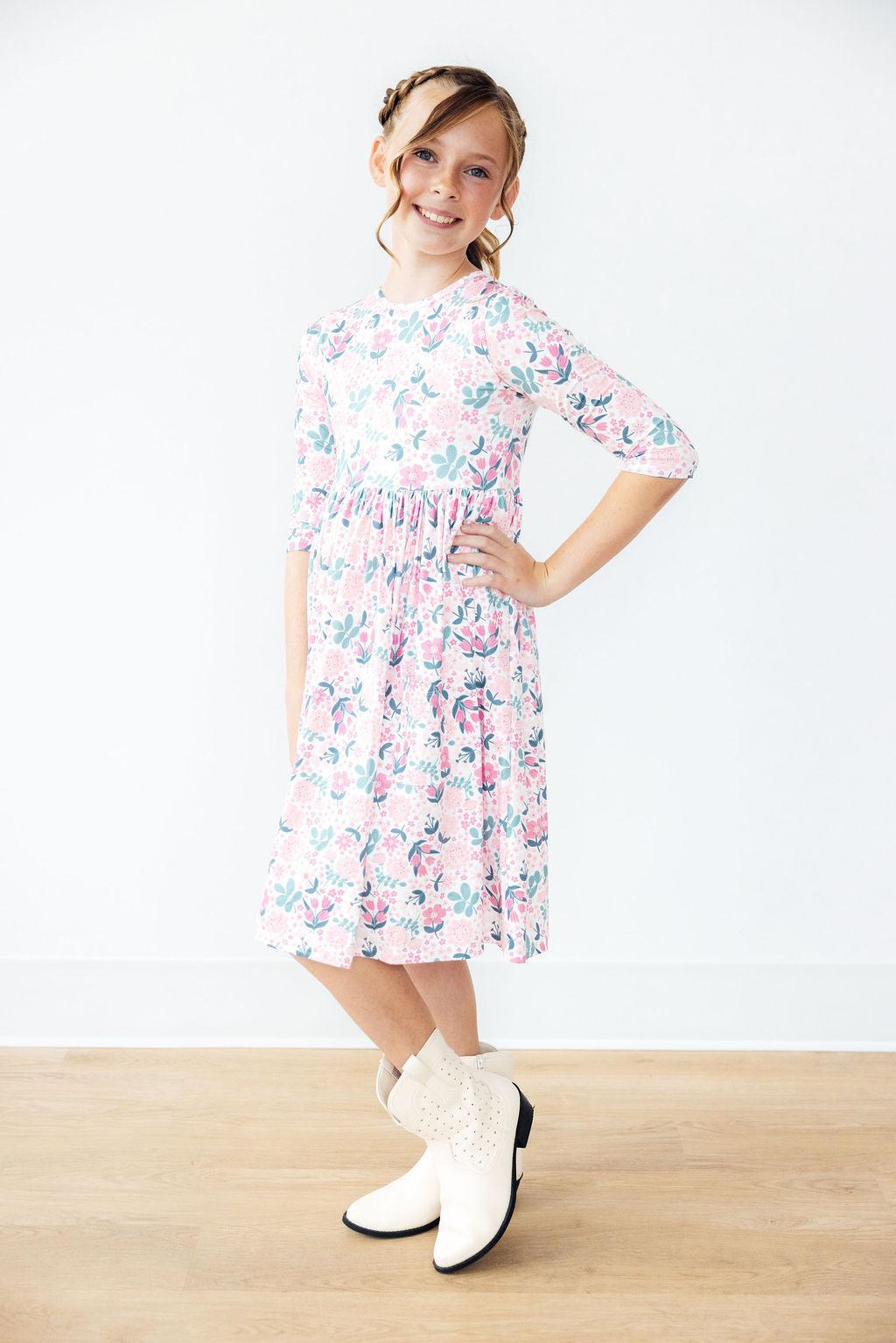 Softly Blooming 3/4 Sleeve Pocket Twirl Dress - Aaria Tees Aaria Tees