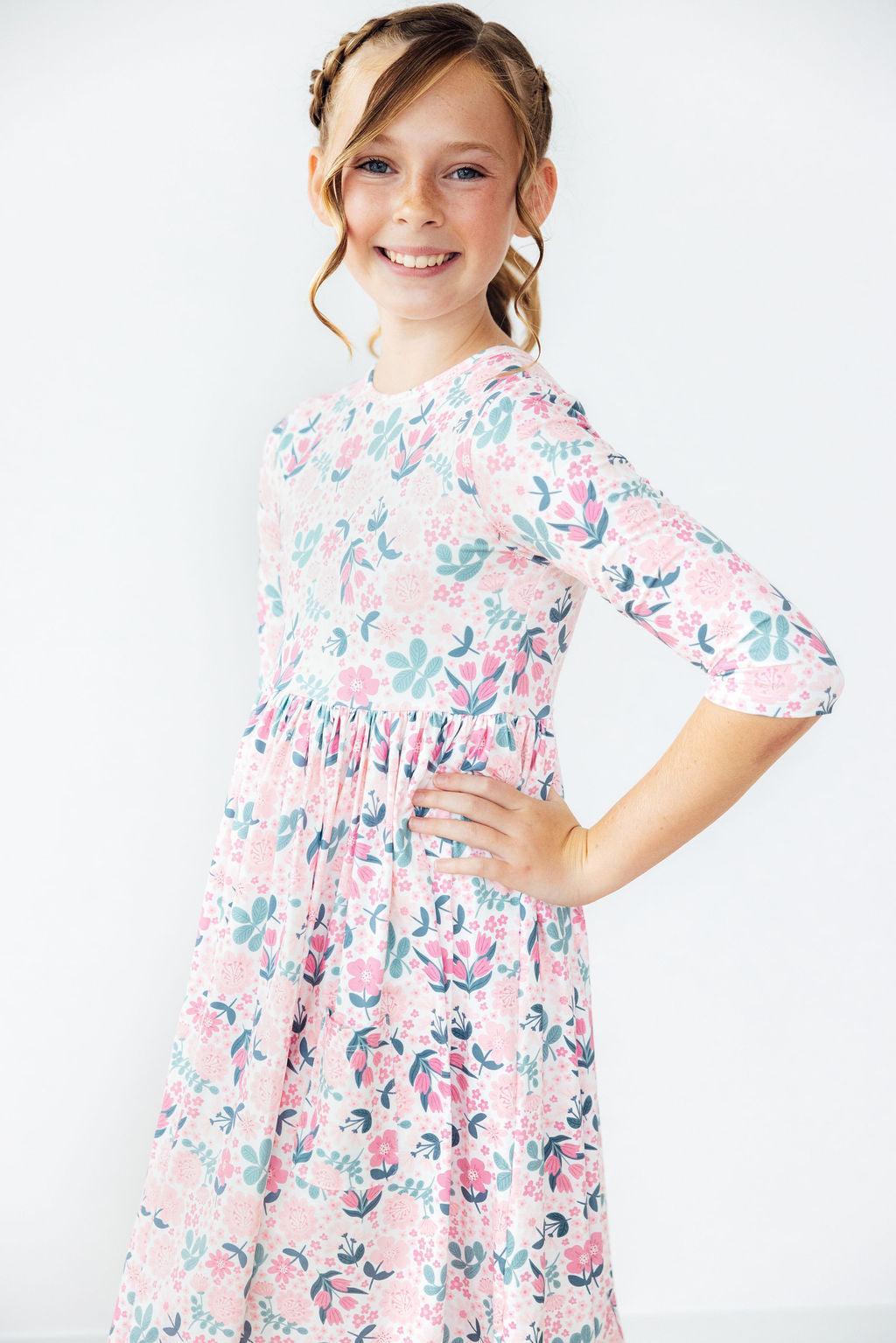 Softly Blooming 3/4 Sleeve Pocket Twirl Dress - Aaria Tees Aaria Tees