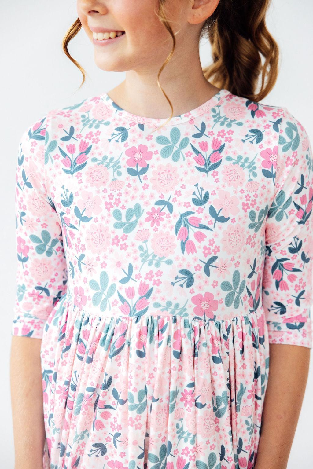 Softly Blooming 3/4 Sleeve Pocket Twirl Dress - Aaria Tees Aaria Tees