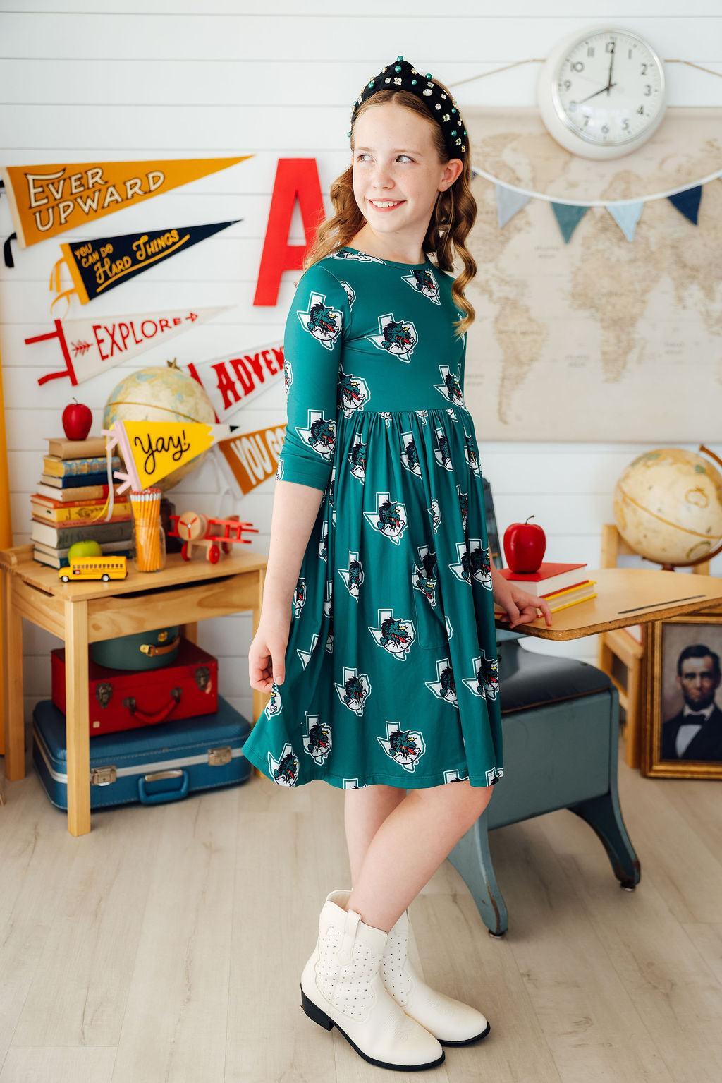 Southlake Carroll Dragons 3/4 Sleeve Pocket Twirl Dress - Aaria Tees Aaria Tees