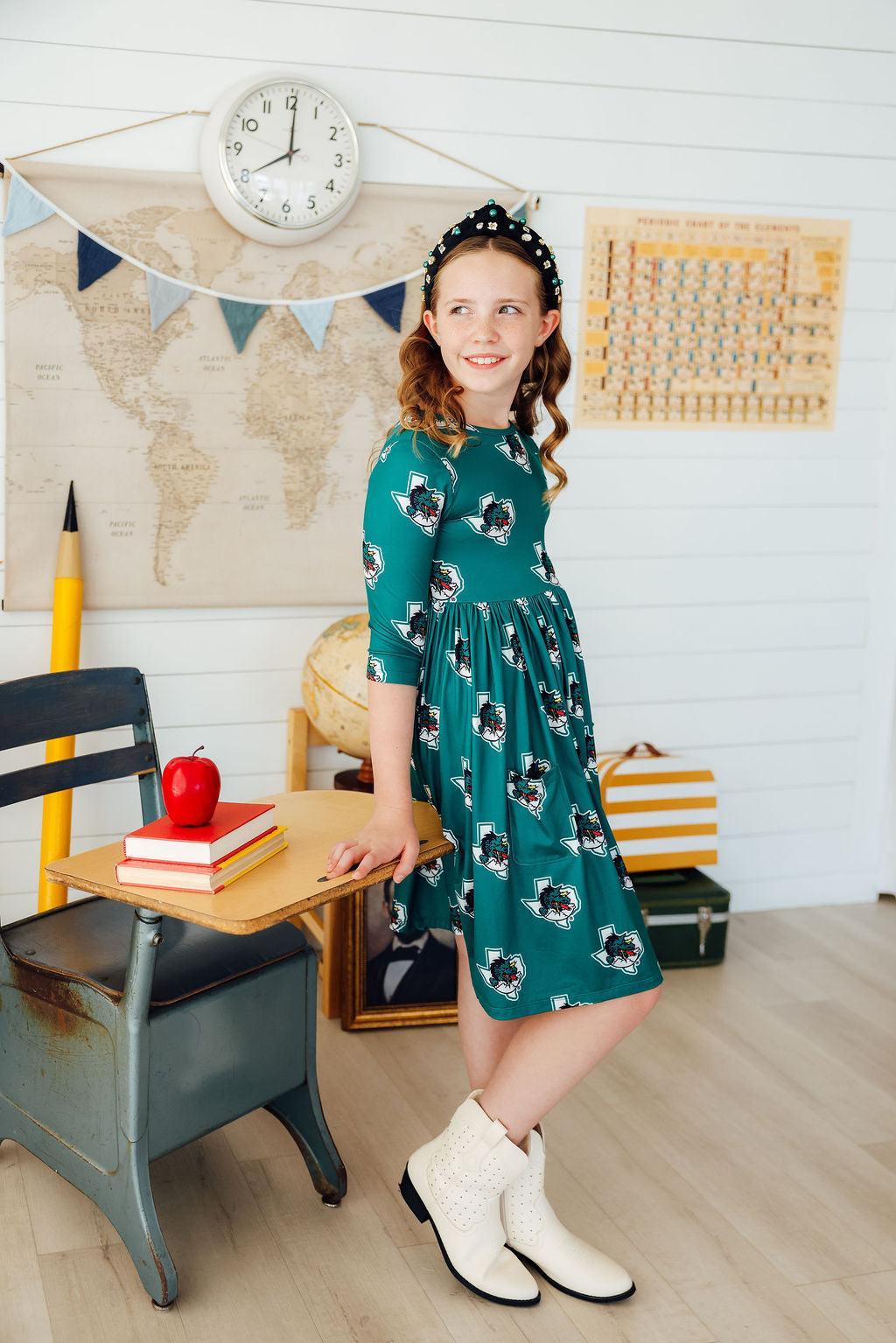 Southlake Carroll Dragons 3/4 Sleeve Pocket Twirl Dress - Aaria Tees Aaria Tees