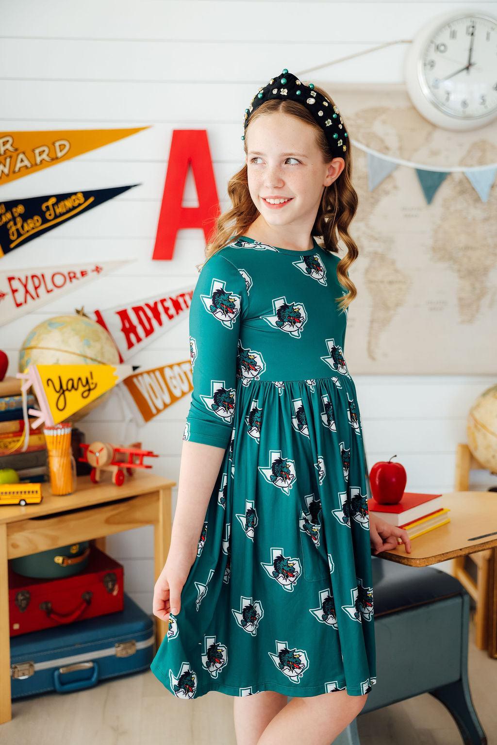 Southlake Carroll Dragons 3/4 Sleeve Pocket Twirl Dress - Aaria Tees Aaria Tees