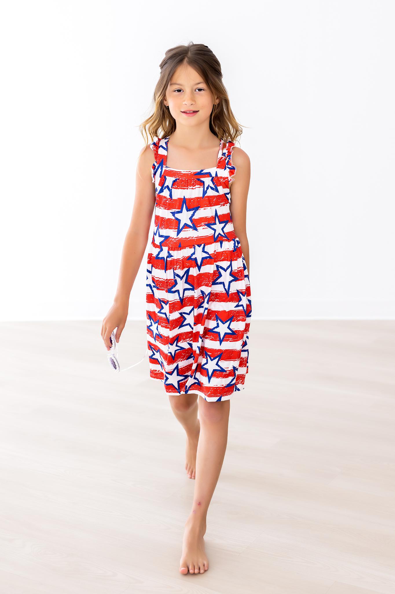 Stars & Stripes Ruffle Cross Back Dress - Aaria Tees Aaria Tees