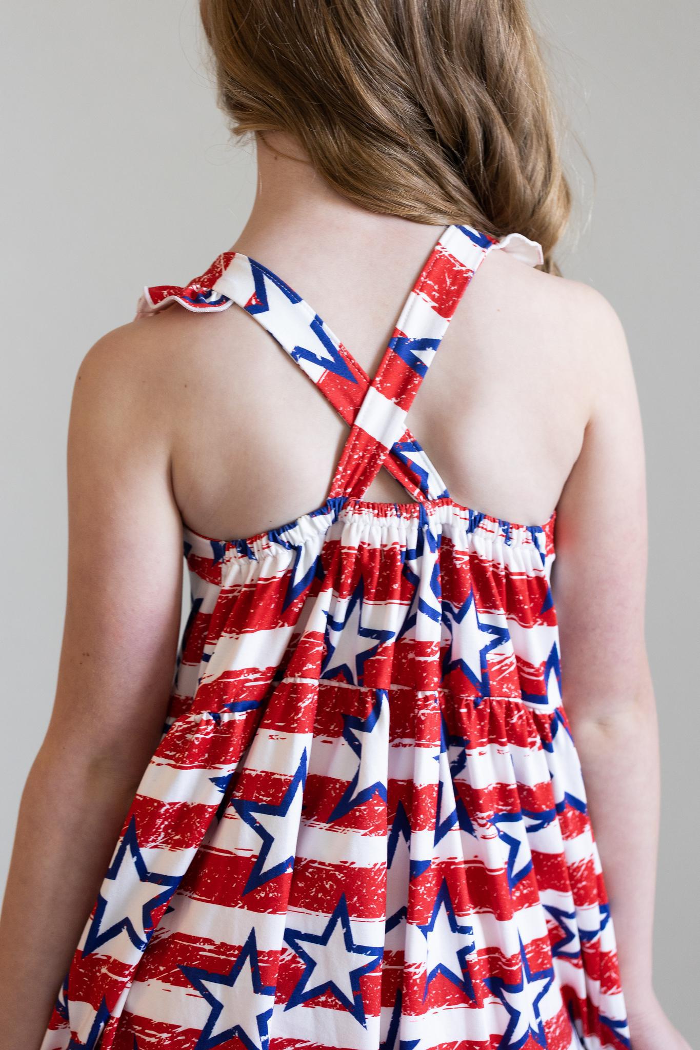 Stars & Stripes Ruffle Cross Back Dress - Aaria Tees Aaria Tees