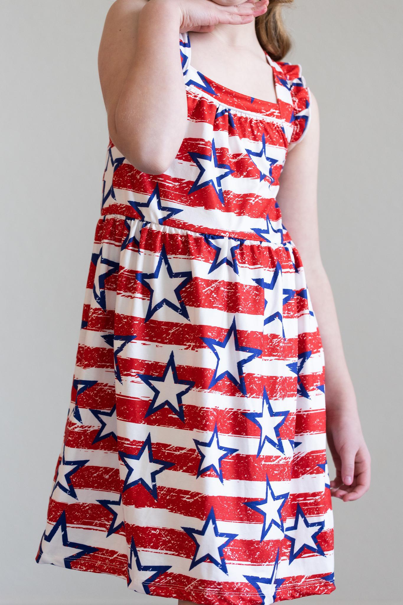 Stars & Stripes Ruffle Cross Back Dress - Aaria Tees Aaria Tees