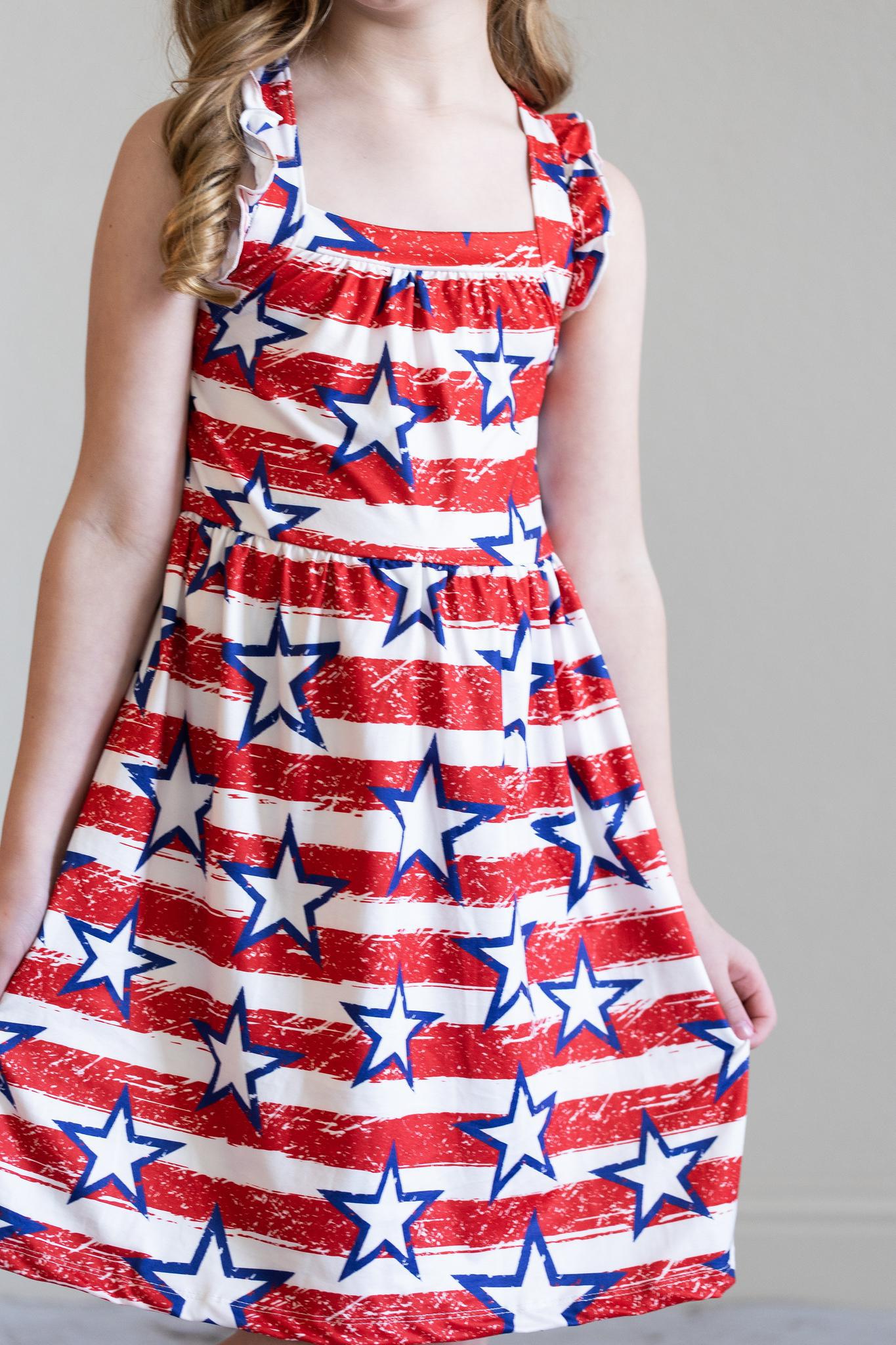 Stars & Stripes Ruffle Cross Back Dress - Aaria Tees Aaria Tees