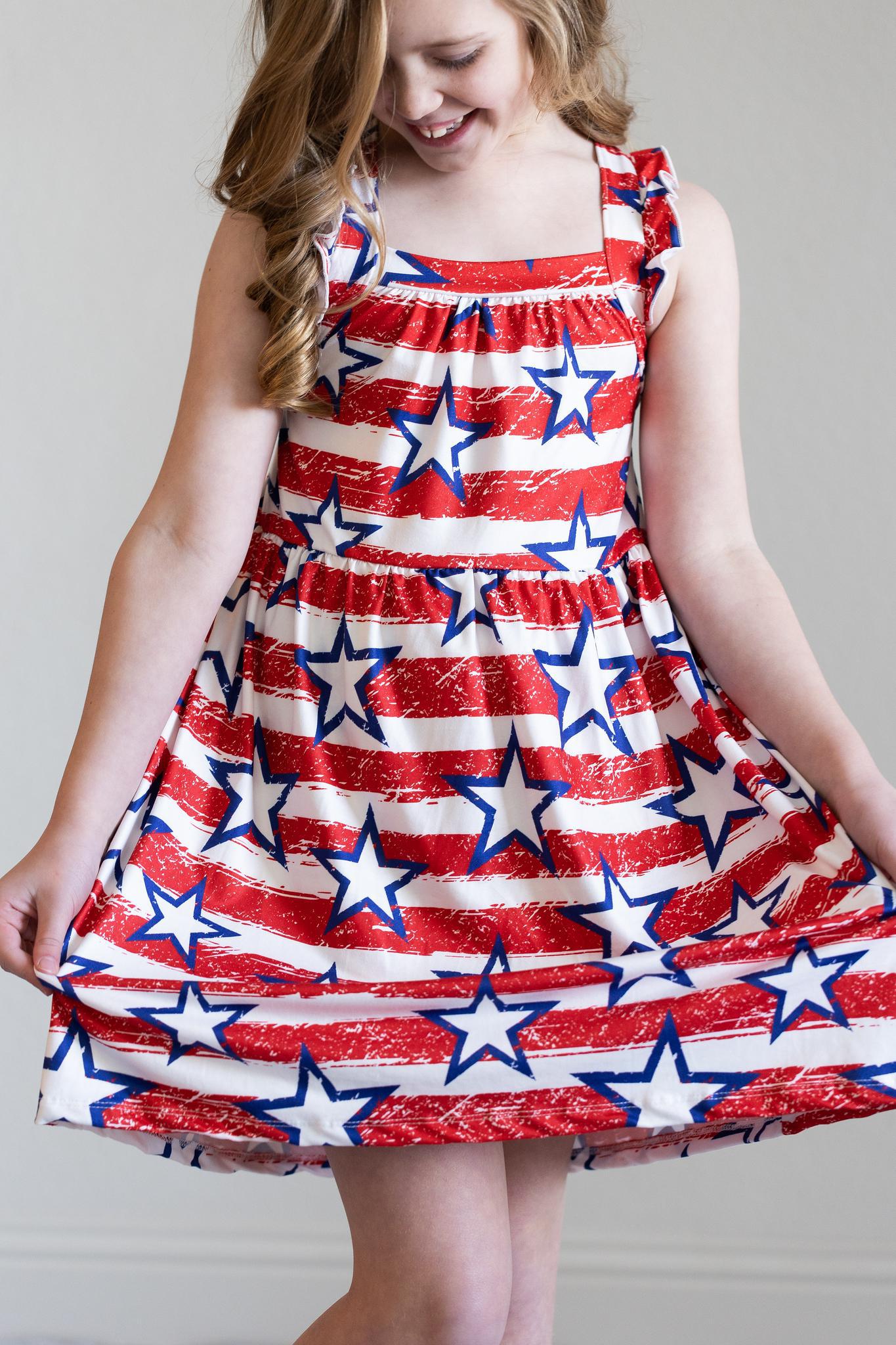 Stars & Stripes Ruffle Cross Back Dress - Aaria Tees Aaria Tees