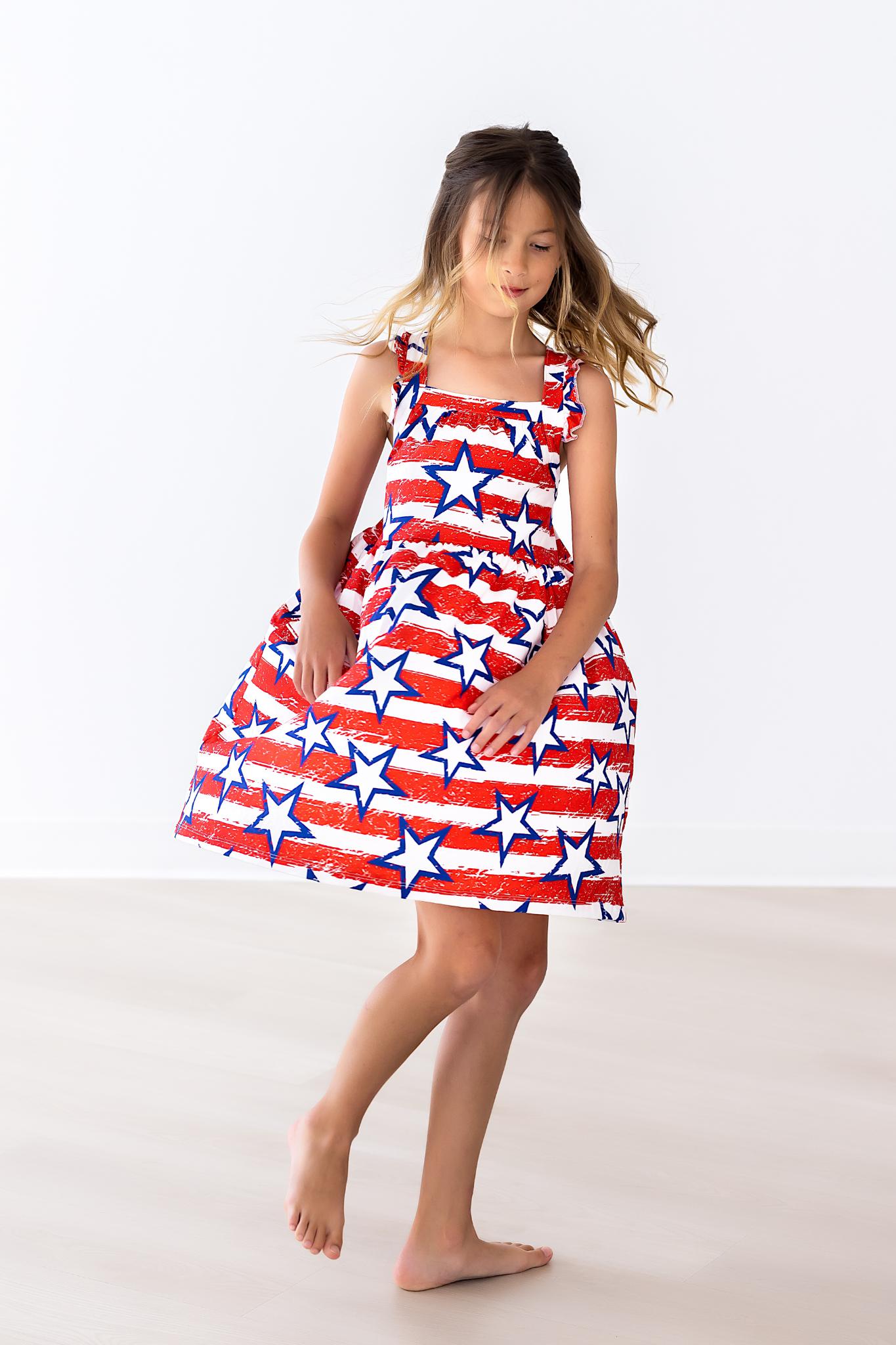 Stars & Stripes Ruffle Cross Back Dress - Aaria Tees Aaria Tees