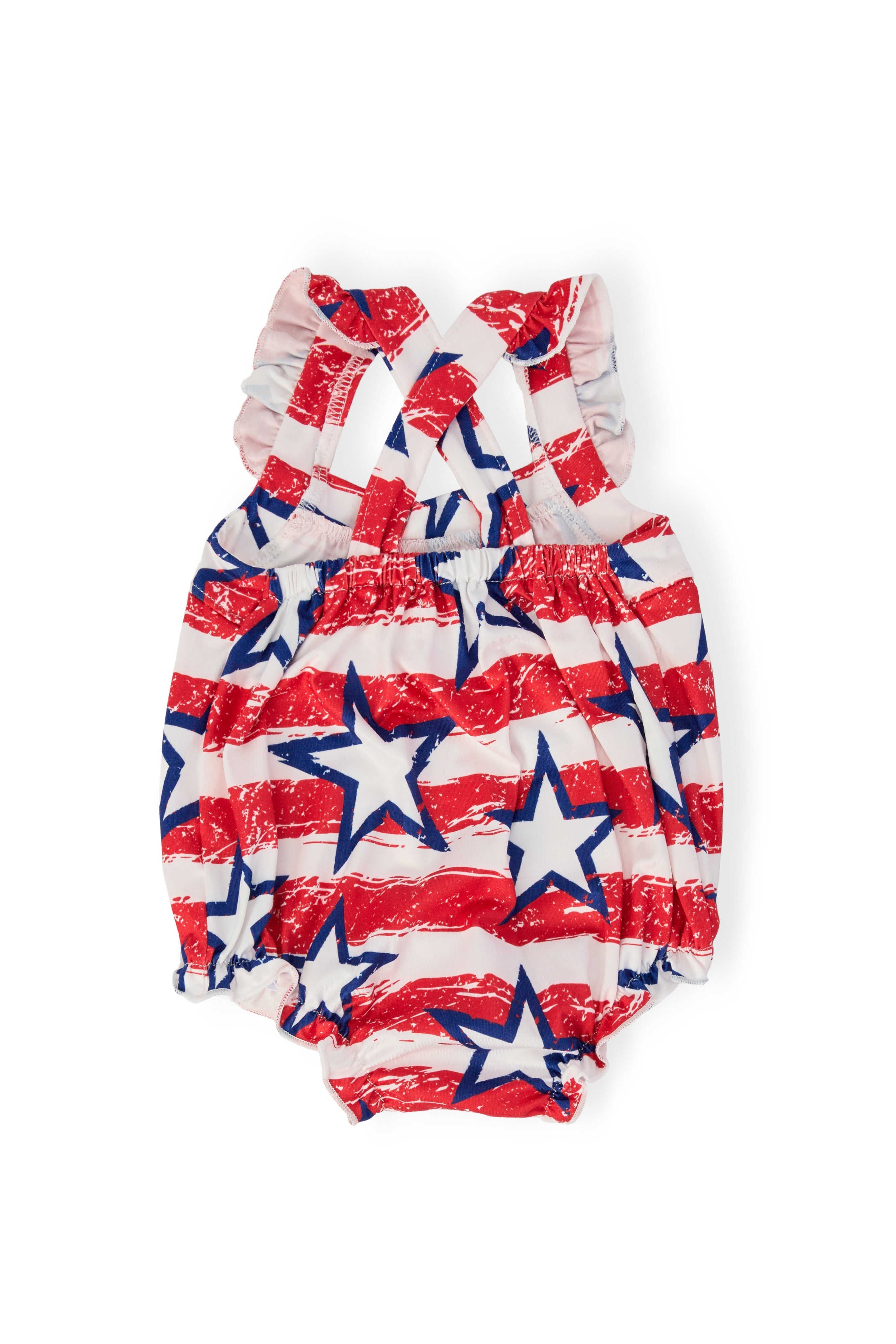 Stars & Stripes Ruffle Cross Back Romper - Aaria Tees Aaria Tees