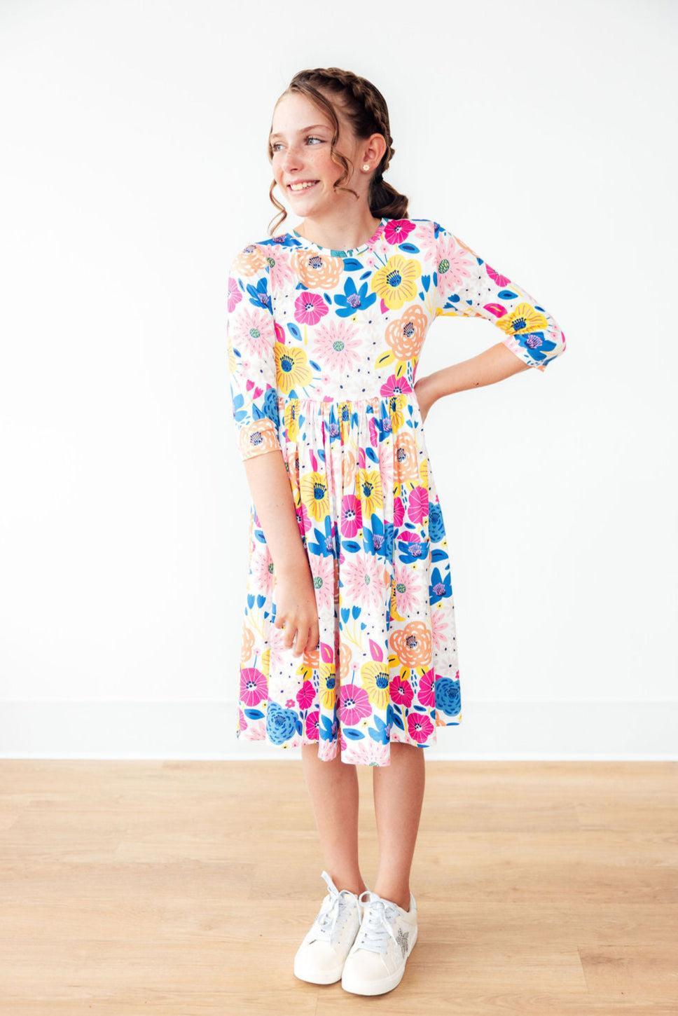 SALE Sunshine Floral 3/4 Sleeve Pocket Twirl Dress - Aaria Tees Aaria Tees