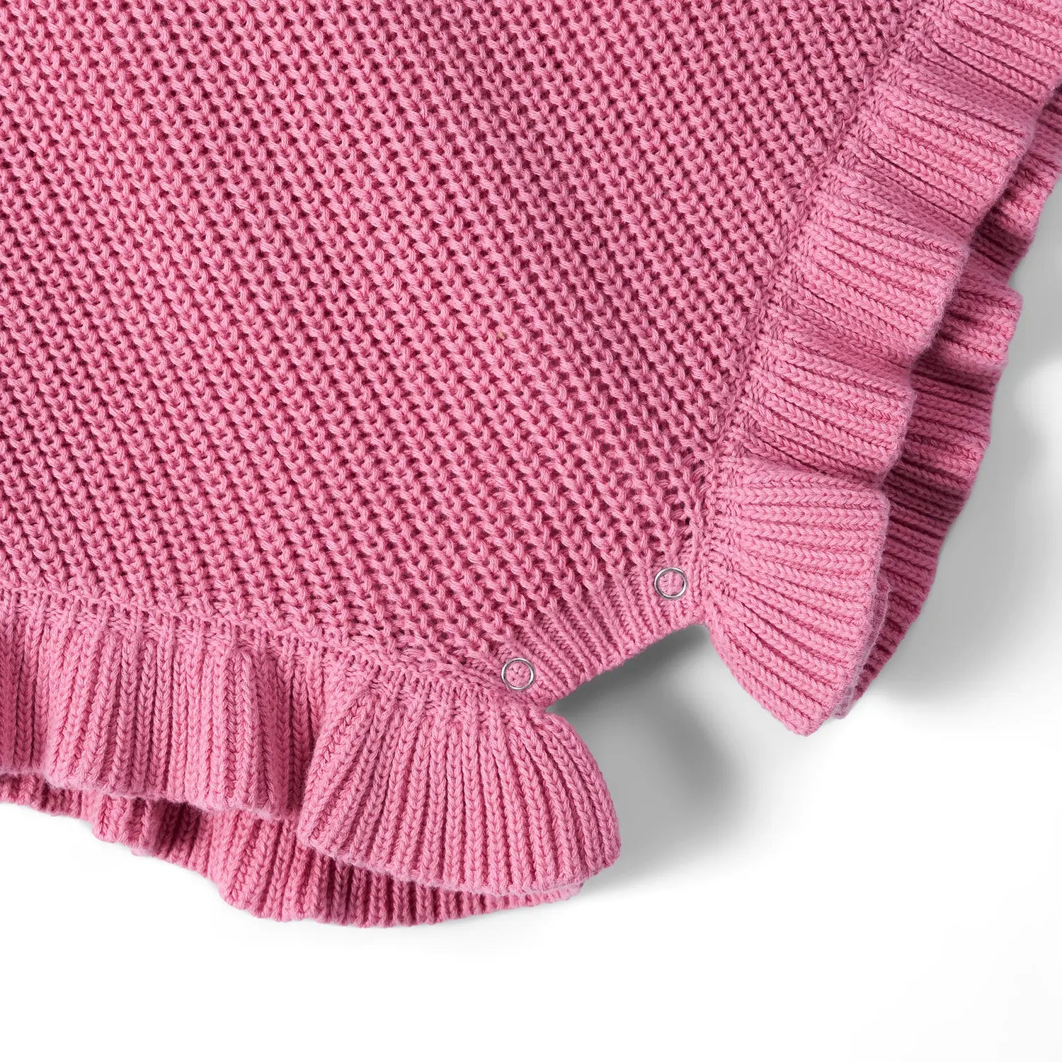 Ruffle Chunky Knit Baby Romper in Rose Pink - Aaria Tees Aaria Tees