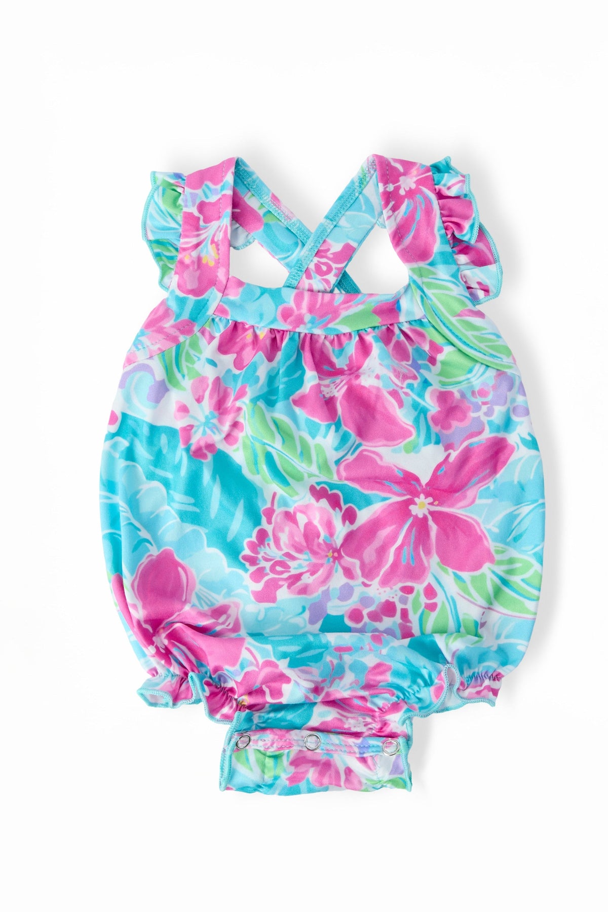 Tropical Punch Ruffle Cross Back Romper - Aaria Tees