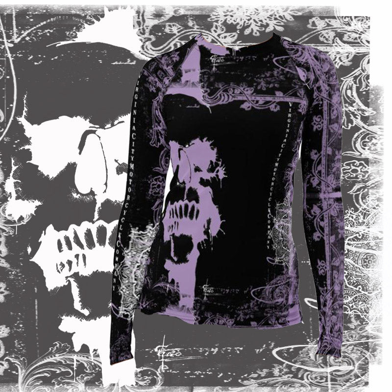 TAG Skull Women's Long Sleeve Rash Guard Lavender | UPF 38-40 Motorcycle Shirt - Aaria Tees Aaria Tees