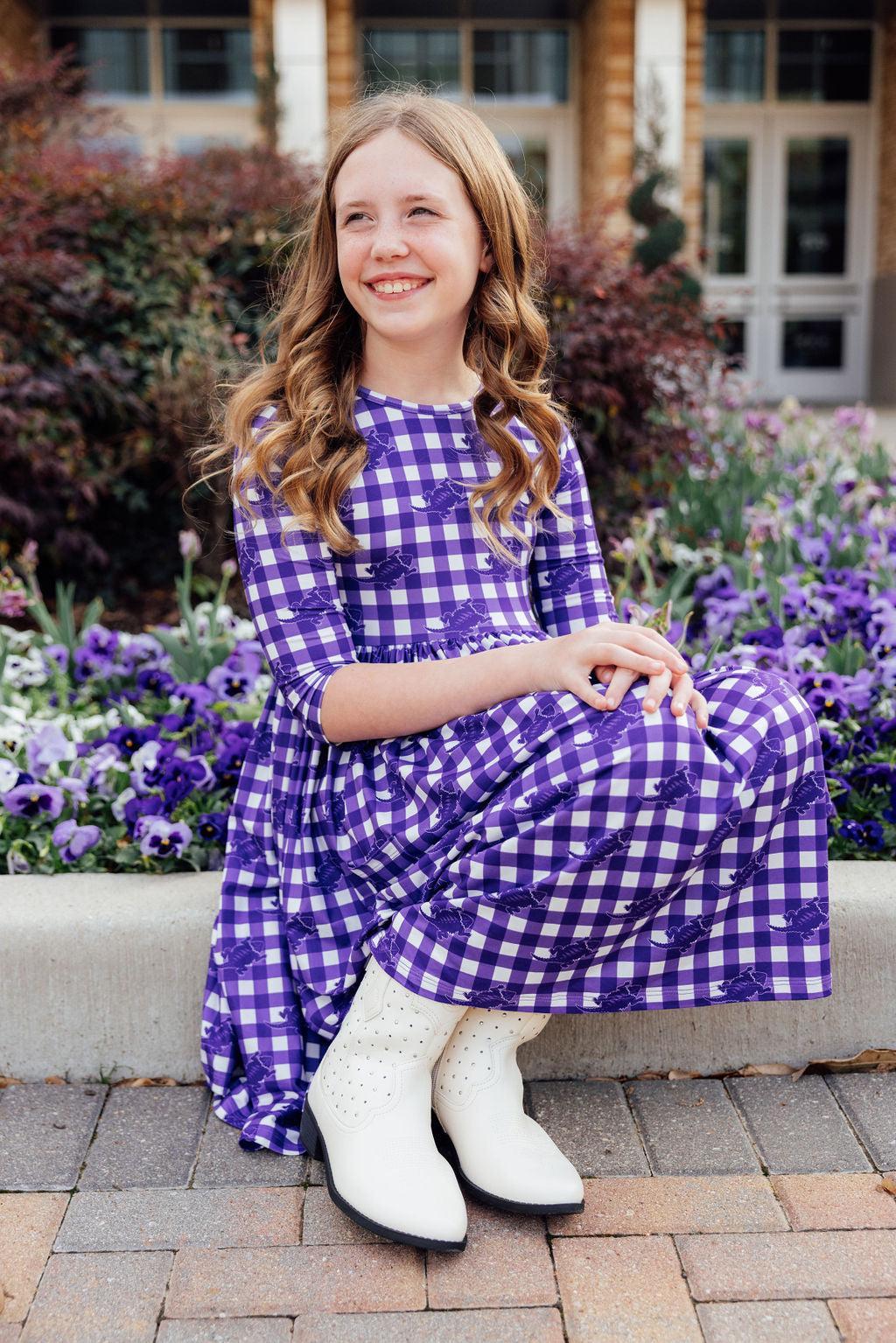 TCU Plaid Frog 3/4 Sleeve Pocket Twirl Dress - Aaria Tees Aaria Tees