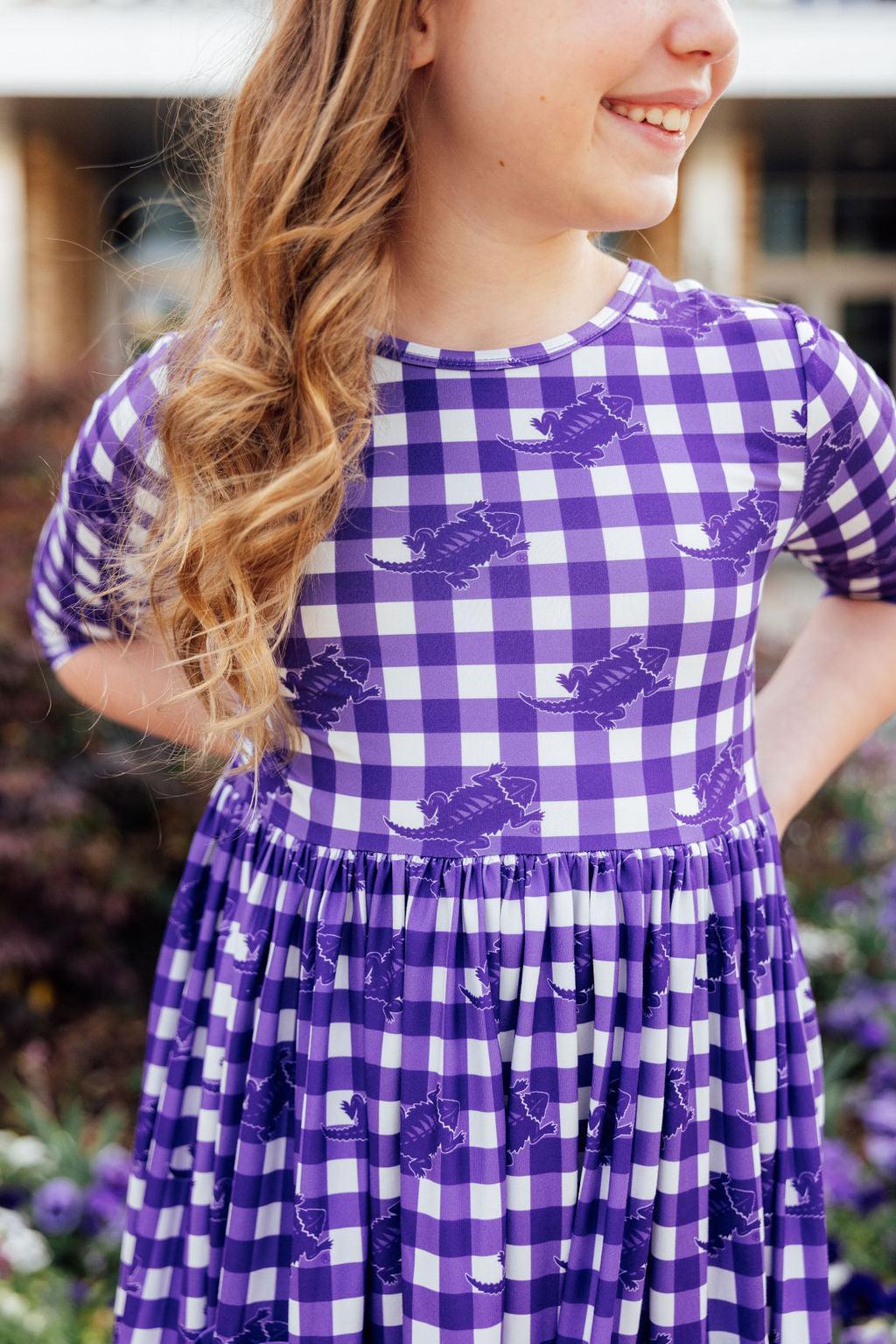 TCU Plaid Frog 3/4 Sleeve Pocket Twirl Dress - Aaria Tees Aaria Tees
