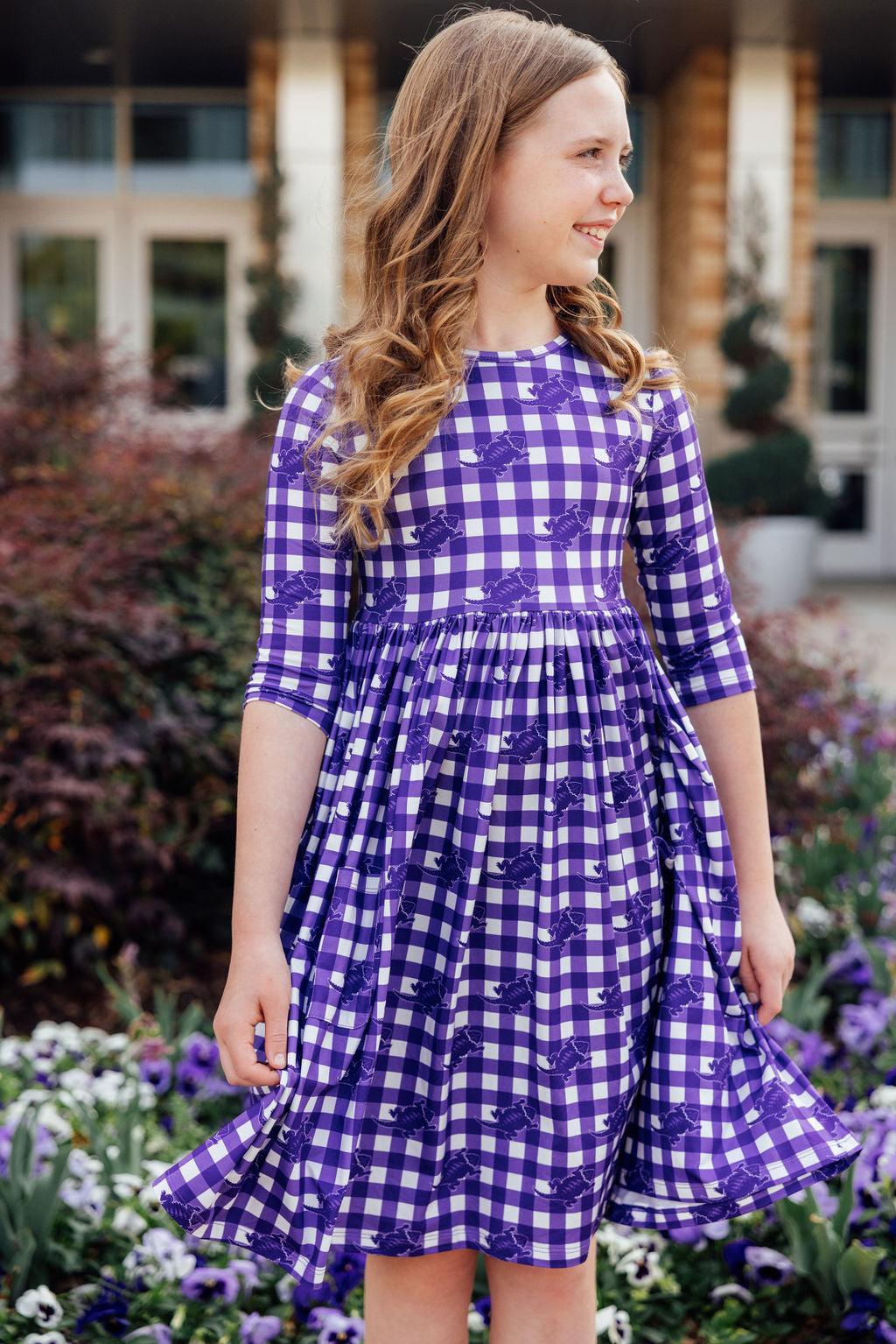 TCU Plaid Frog 3/4 Sleeve Pocket Twirl Dress - Aaria Tees Aaria Tees