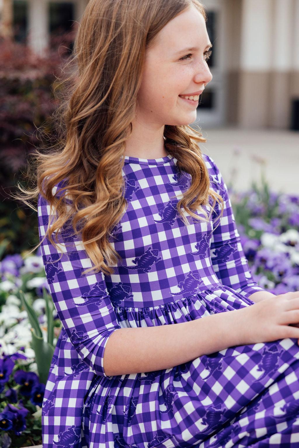 TCU Plaid Frog 3/4 Sleeve Pocket Twirl Dress - Aaria Tees Aaria Tees