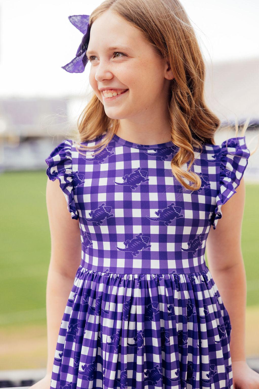 TCU Plaid Frog Flutter Twirl Dress - Aaria Tees Aaria Tees