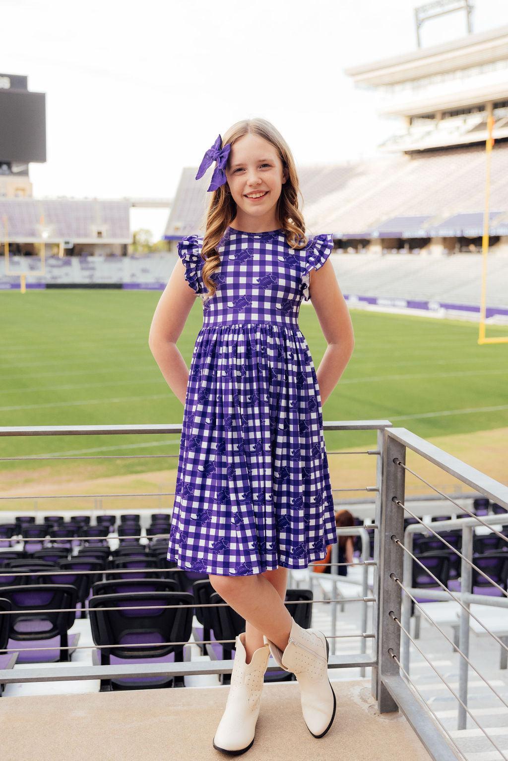 TCU Plaid Frog Flutter Twirl Dress - Aaria Tees Aaria Tees