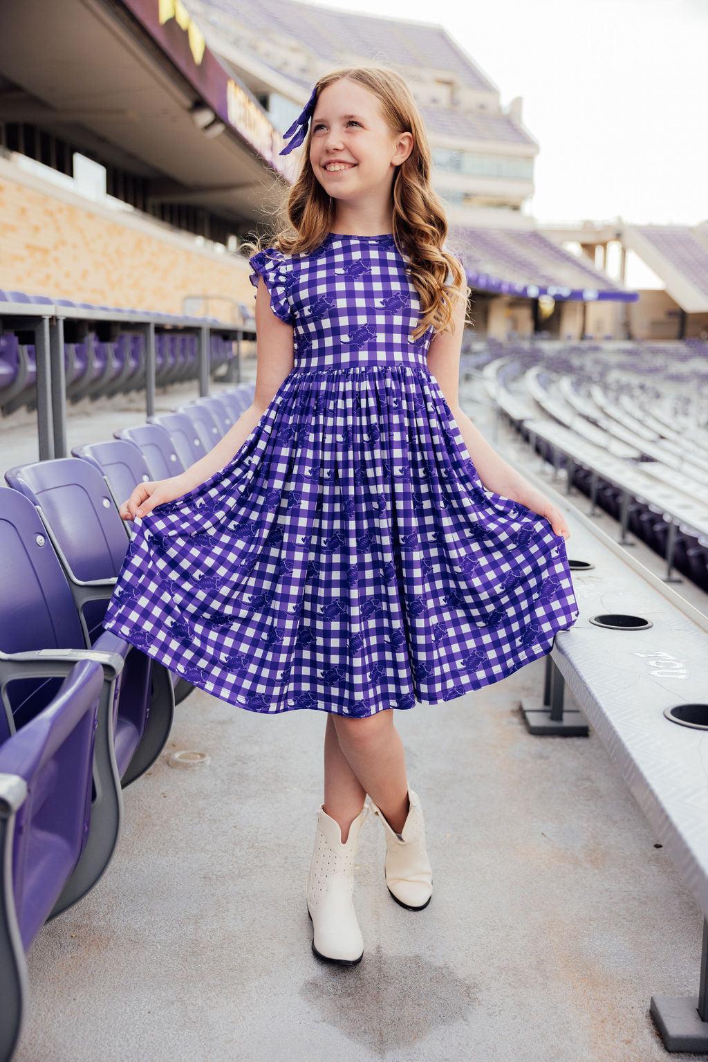 TCU Plaid Frog Flutter Twirl Dress - Aaria Tees Aaria Tees