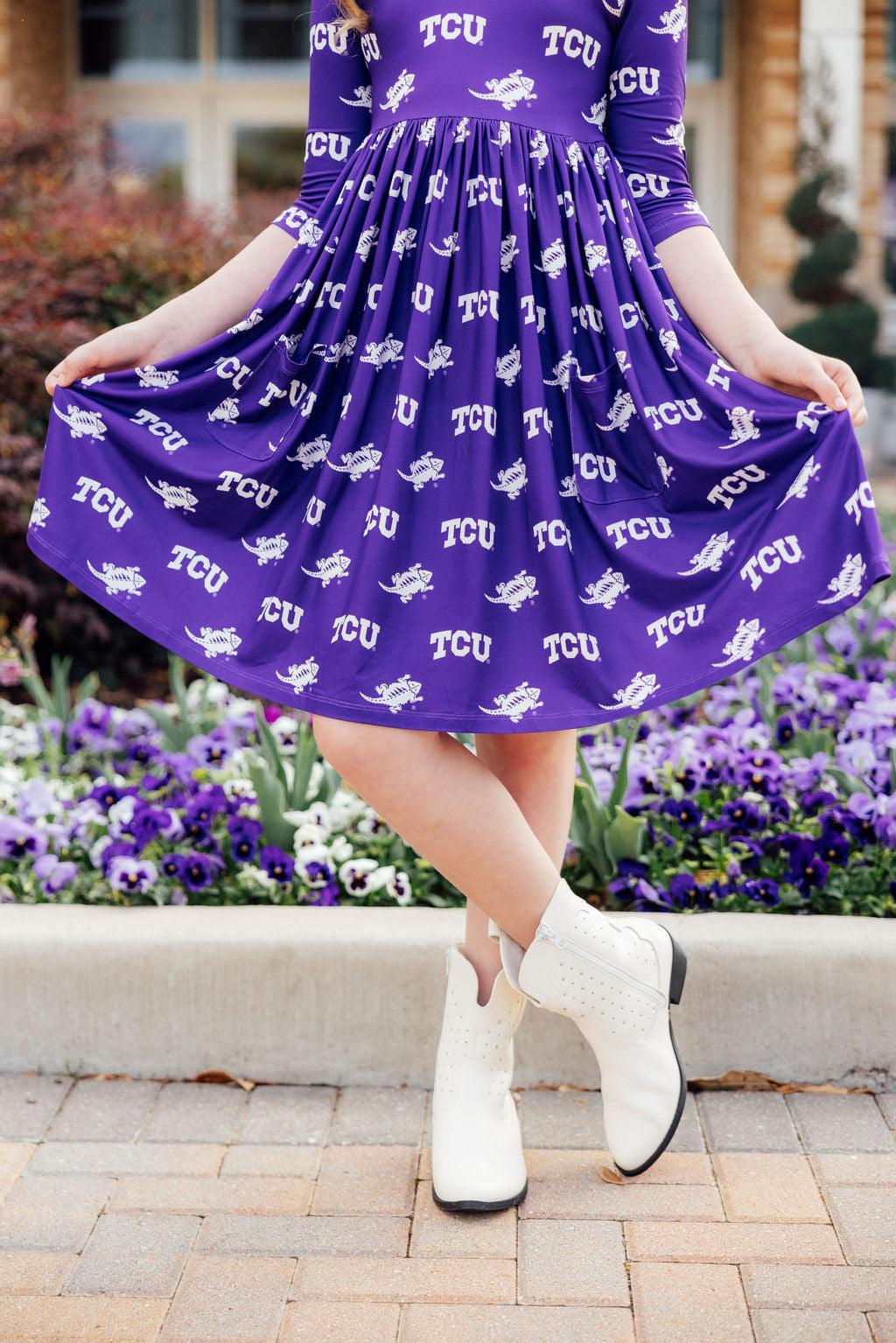 TCU Purple Frog 3/4 Sleeve Pocket Twirl Dress - Aaria Tees Aaria Tees
