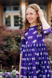 TCU Purple Frog 3/4 Sleeve Pocket Twirl Dress - Aaria Tees Aaria Tees
