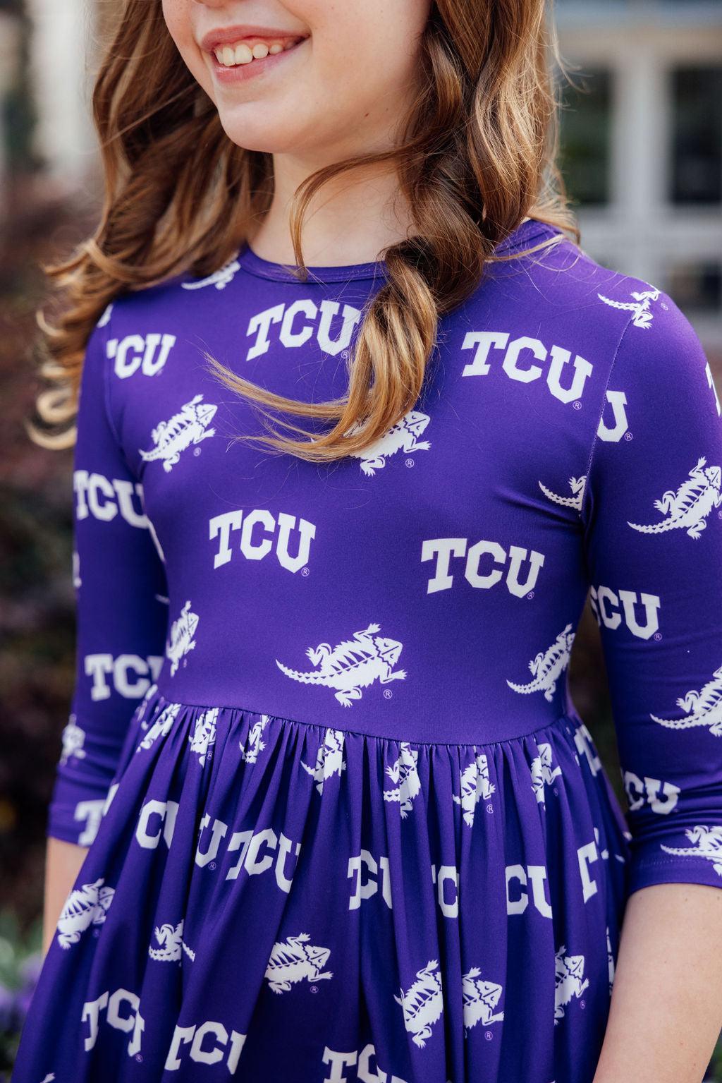 TCU Purple Frog 3/4 Sleeve Pocket Twirl Dress - Aaria Tees Aaria Tees