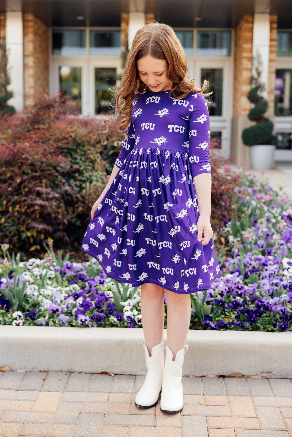 TCU Purple Frog 3/4 Sleeve Pocket Twirl Dress - Aaria Tees Aaria Tees