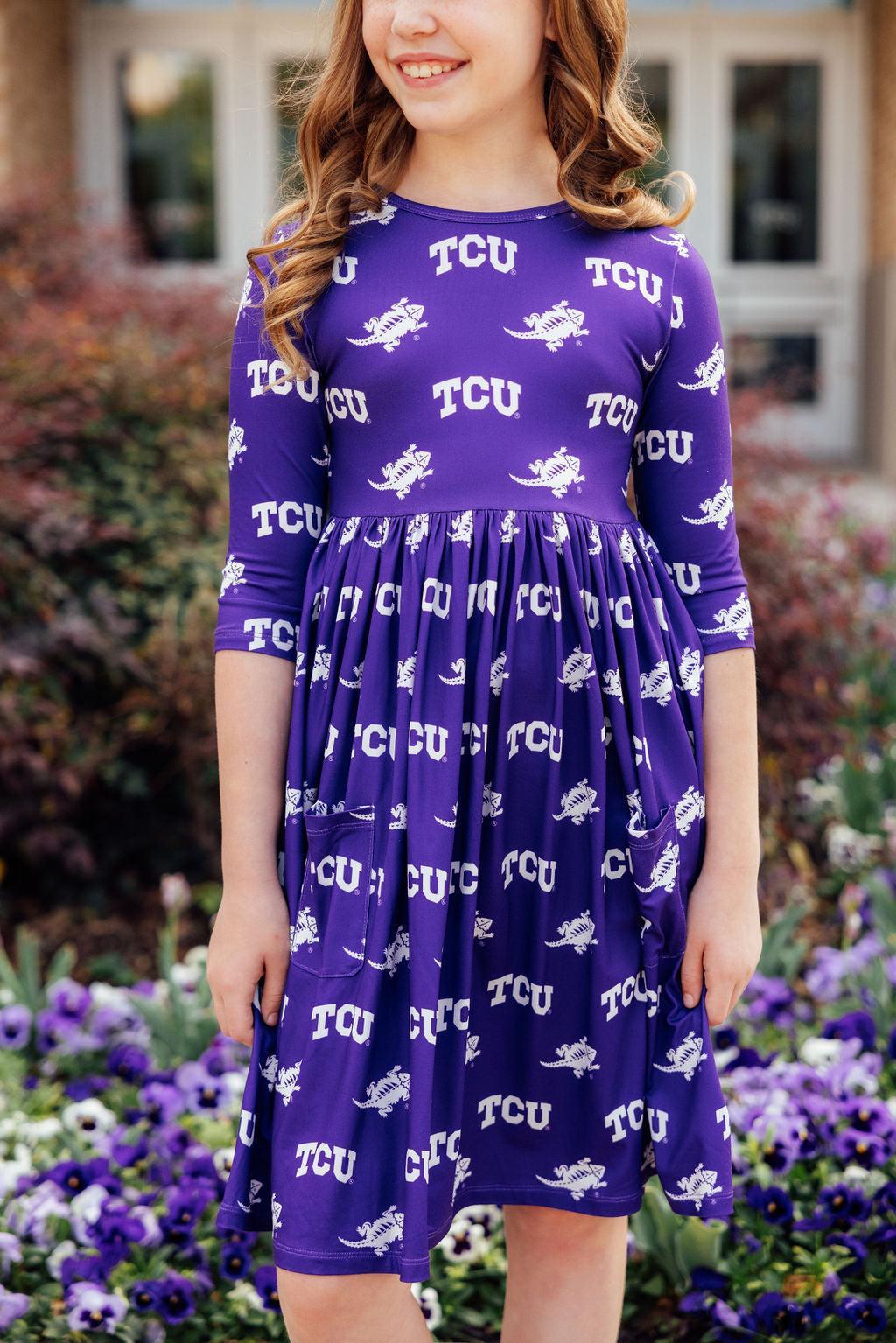 TCU Purple Frog 3/4 Sleeve Pocket Twirl Dress - Aaria Tees Aaria Tees