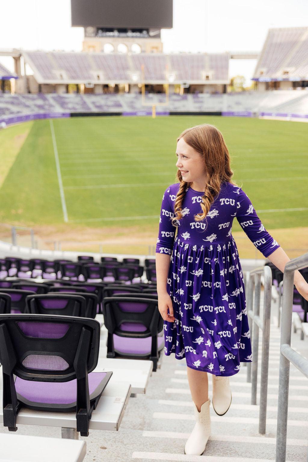 TCU Purple Frog 3/4 Sleeve Pocket Twirl Dress - Aaria Tees Aaria Tees