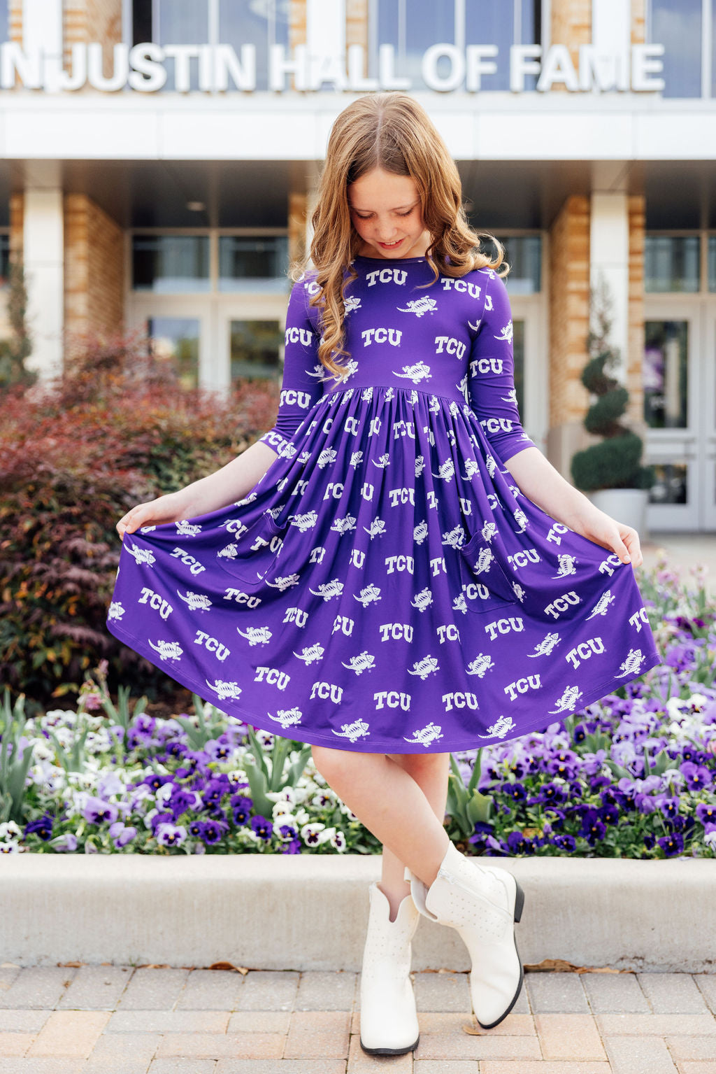 TCU Purple Frog 3/4 Sleeve Pocket Twirl Dress - Aaria Tees Aaria Tees