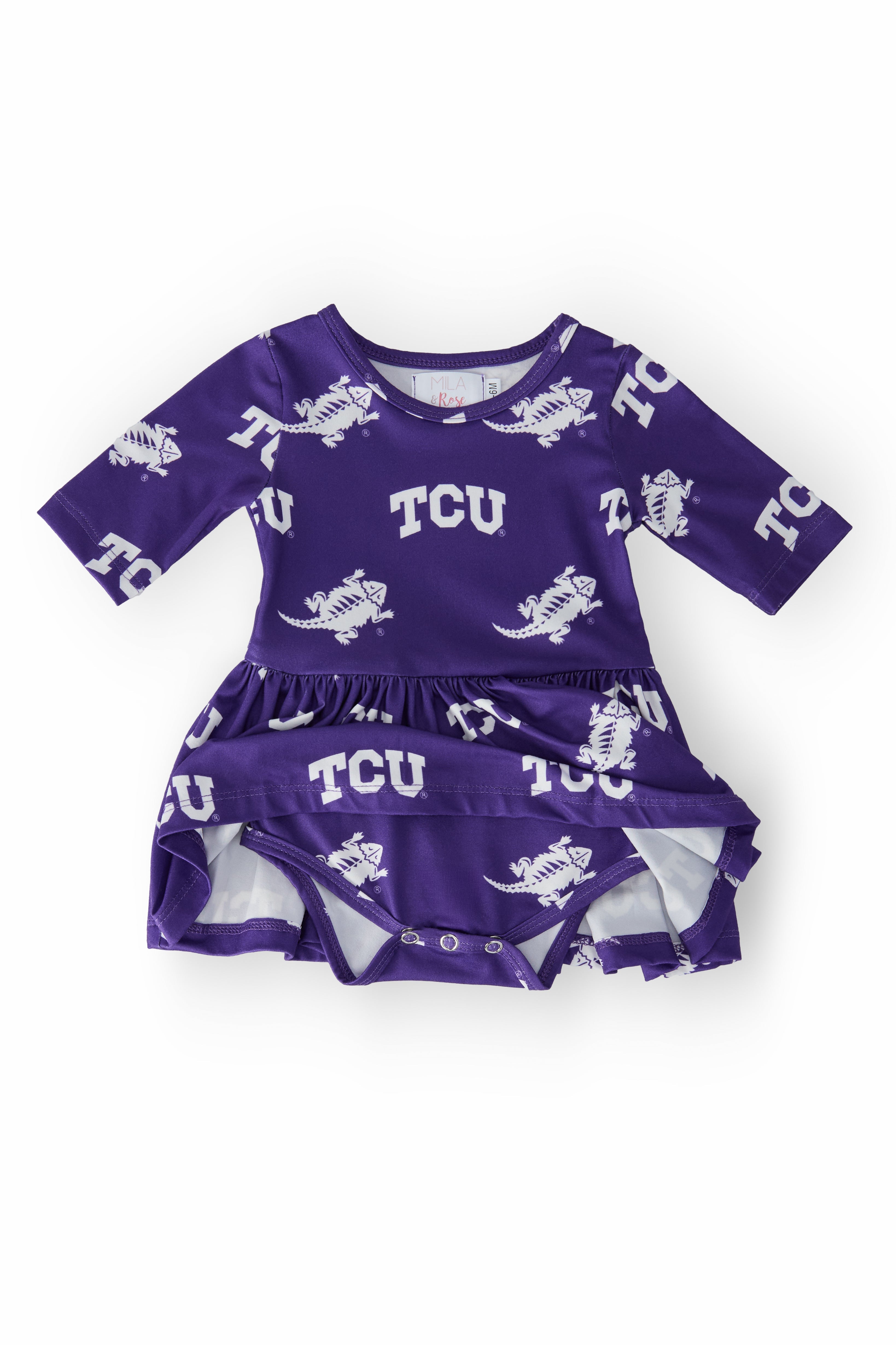 TCU Purple Frog 3/4 Sleeve Twirl Bodysuit - Aaria Tees Aaria Tees