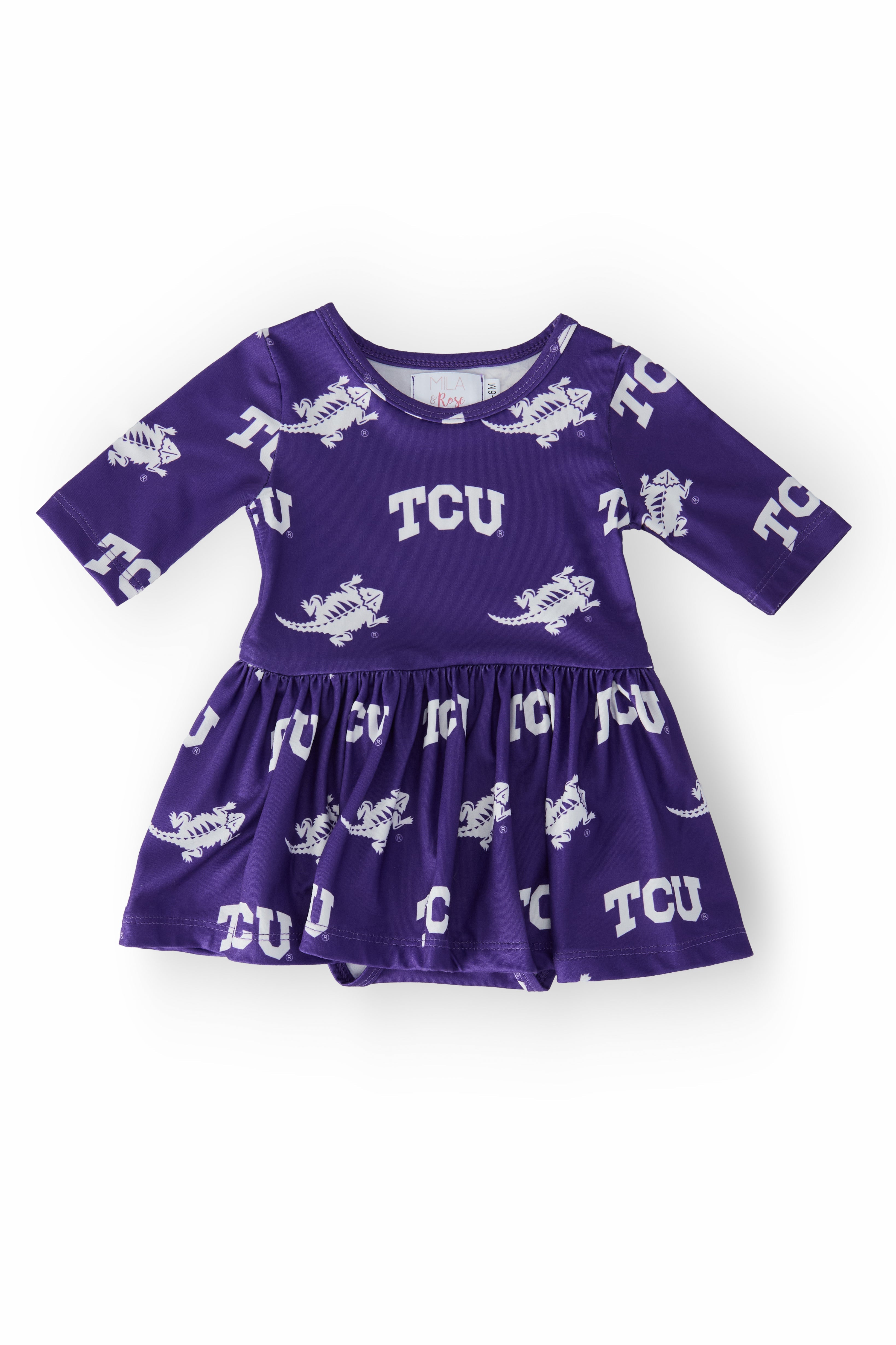 TCU Purple Frog 3/4 Sleeve Twirl Bodysuit - Aaria Tees Aaria Tees
