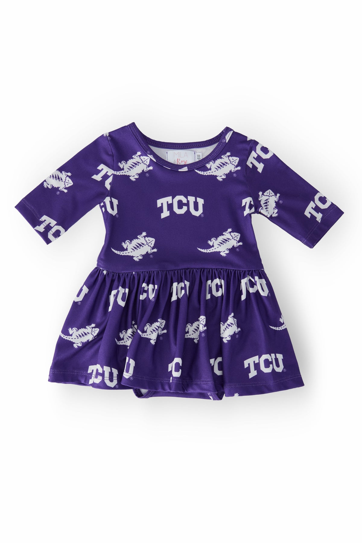 TCU Purple Frog 3/4 Sleeve Twirl Bodysuit - Aaria Tees