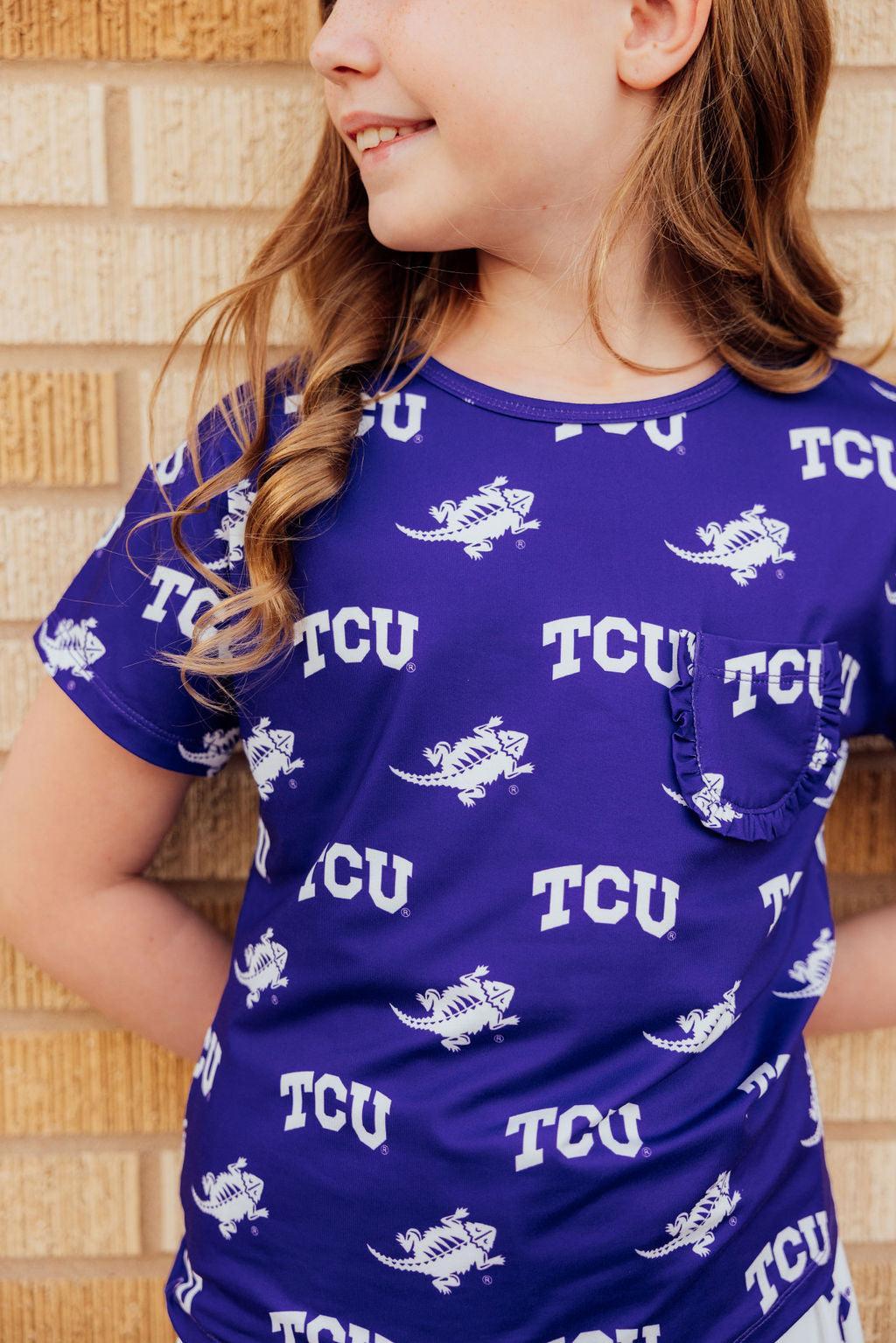 TCU Purple Frog Ruffle Pocket Tee - Aaria Tees Aaria Tees