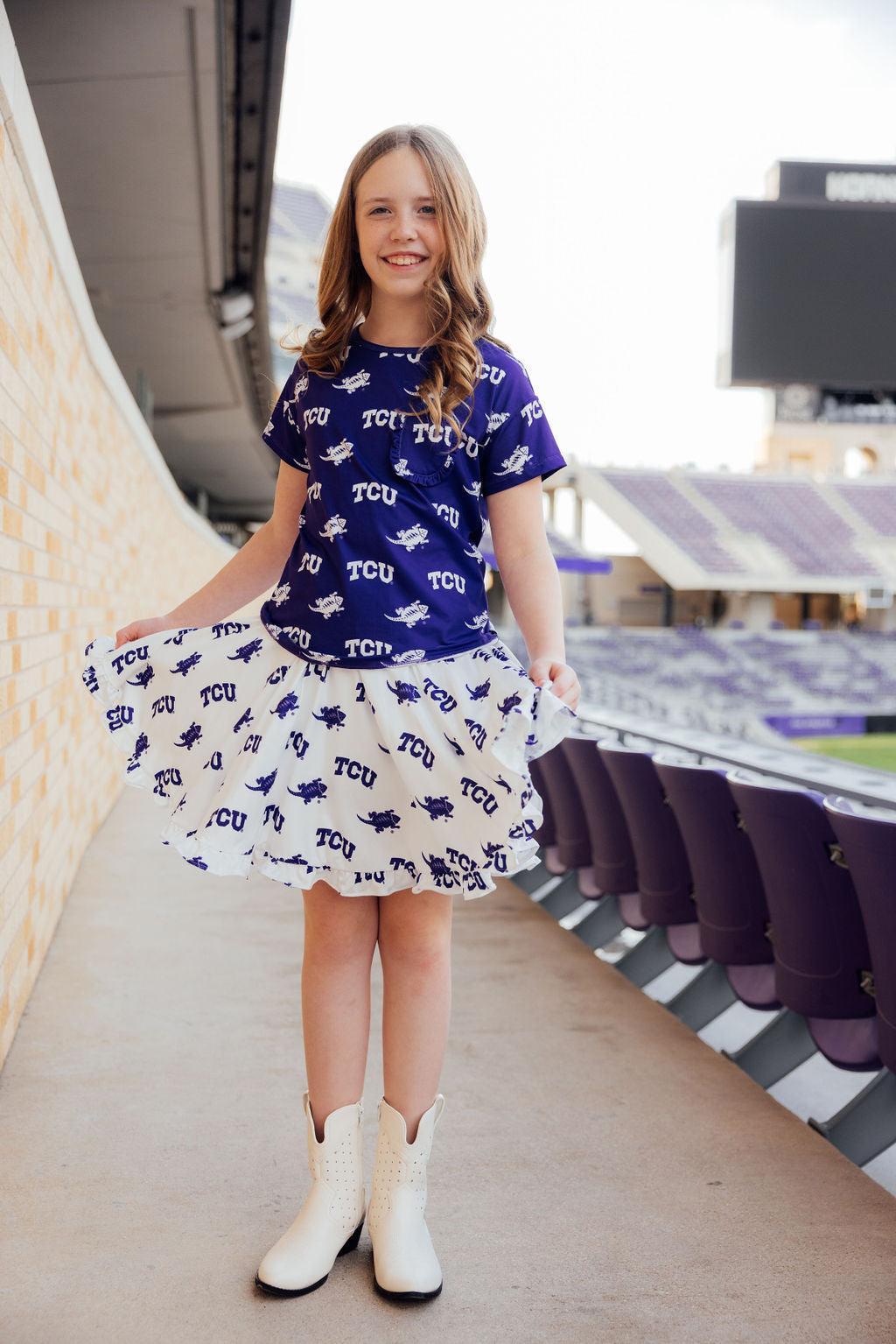 TCU Purple Frog Ruffle Pocket Tee - Aaria Tees Aaria Tees