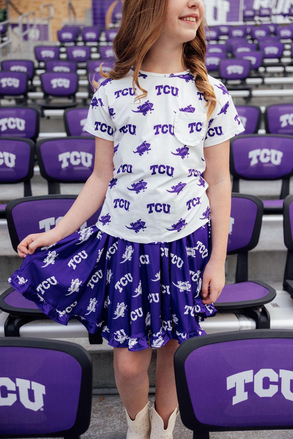 TCU Purple Frog Ruffle Twirl Skort - Aaria Tees Aaria Tees