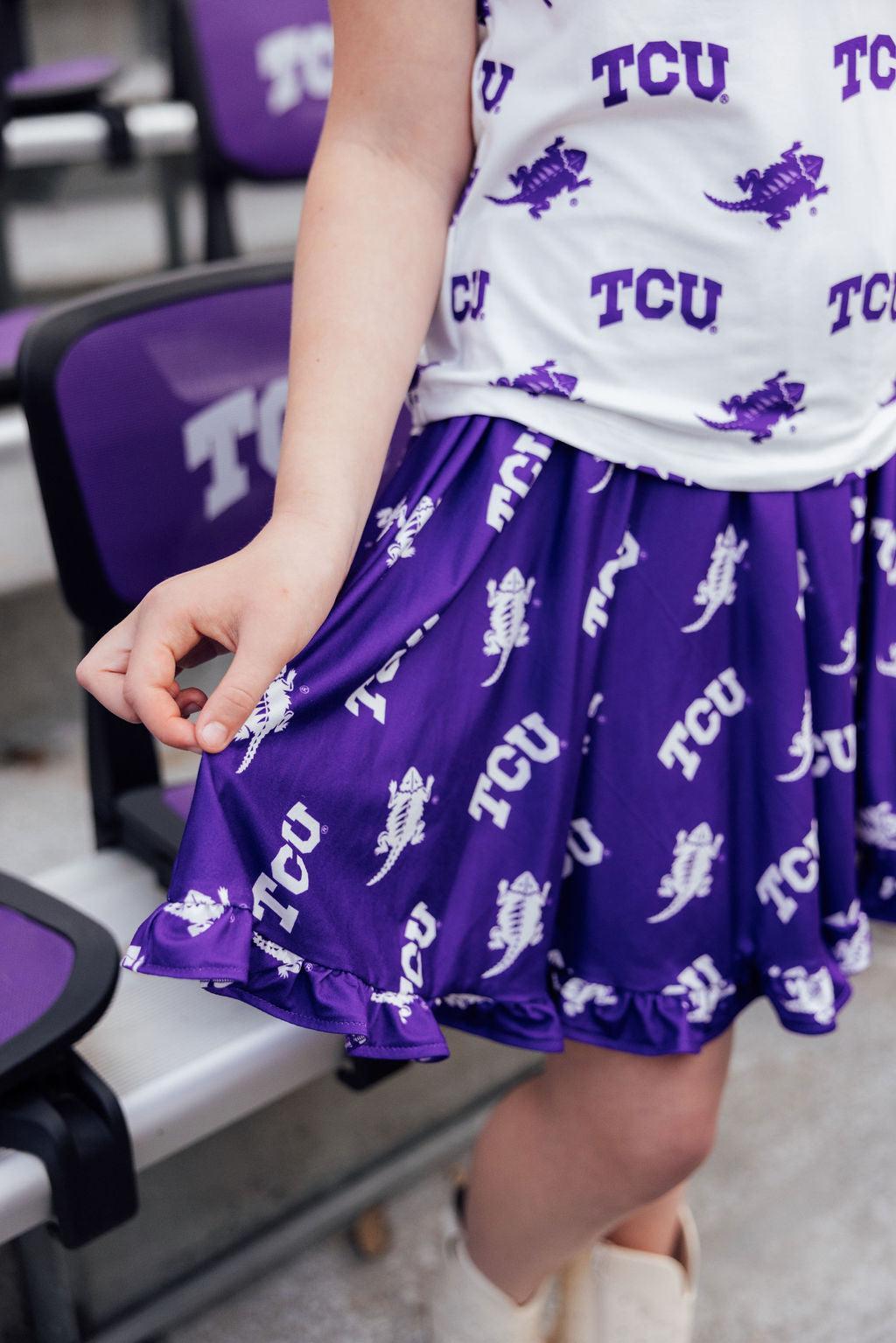 TCU Purple Frog Ruffle Twirl Skort - Aaria Tees