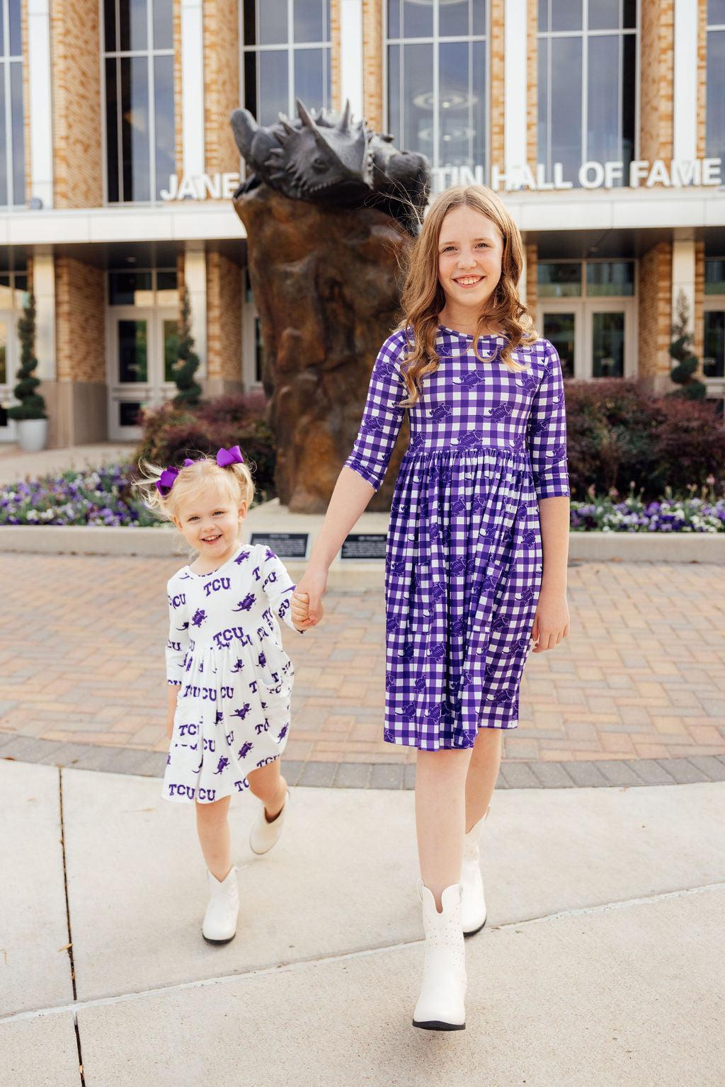 TCU White Frog 3/4 Sleeve Pocket Twirl Dress - Aaria Tees Aaria Tees